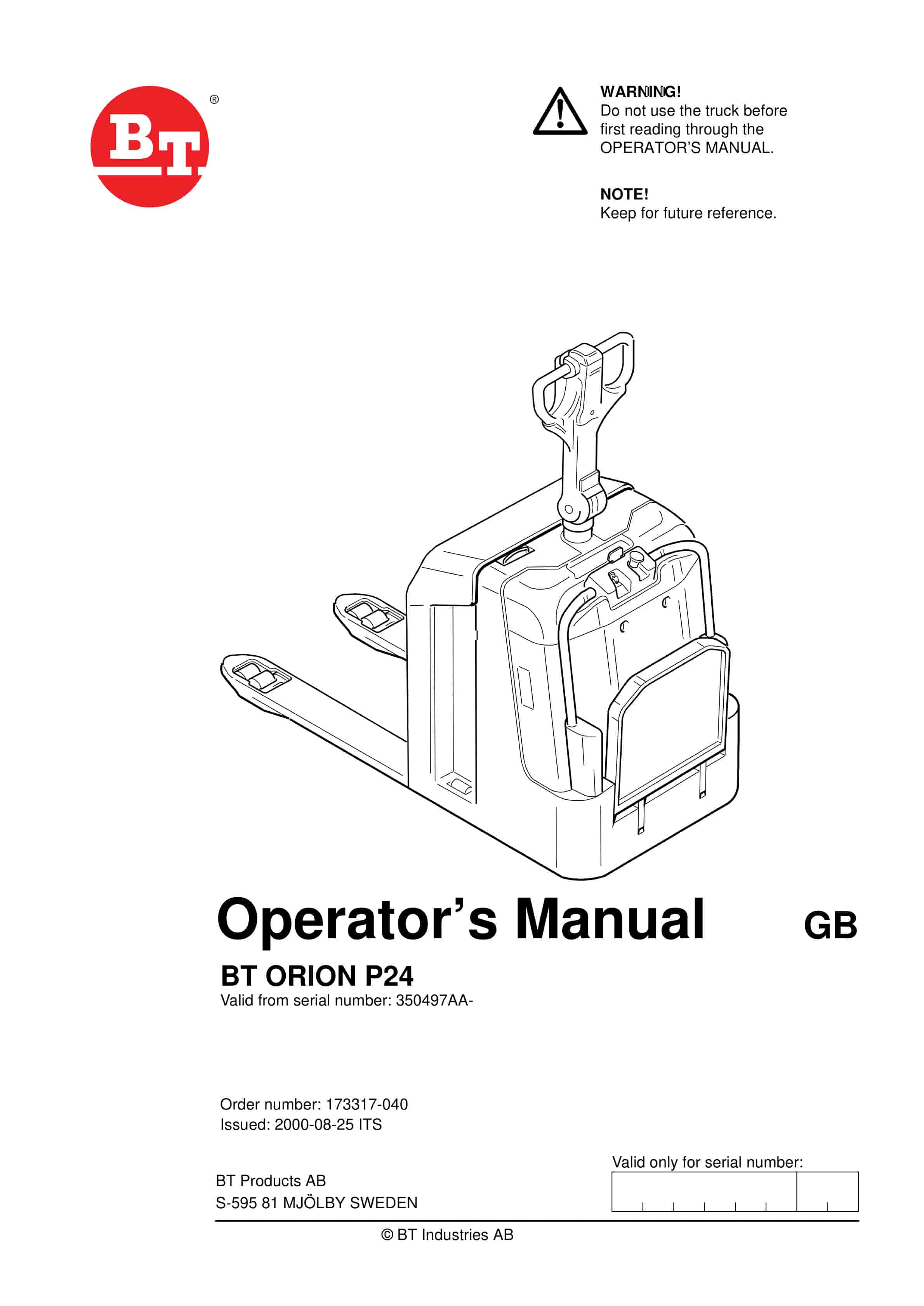 BT ORION P24 Operator Manual 173317-040