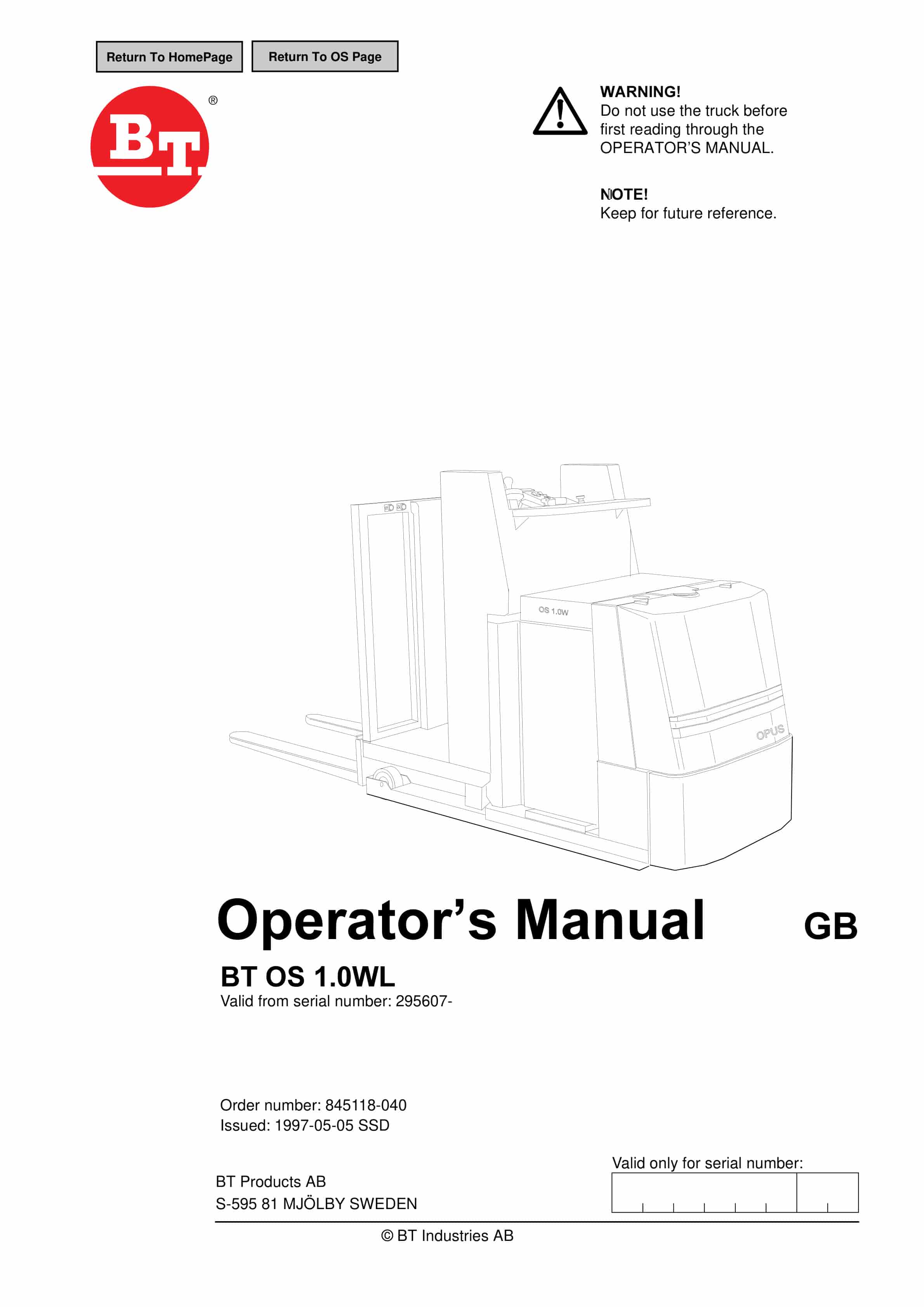 BT OS 1.0WL Operator Manual 845118-040