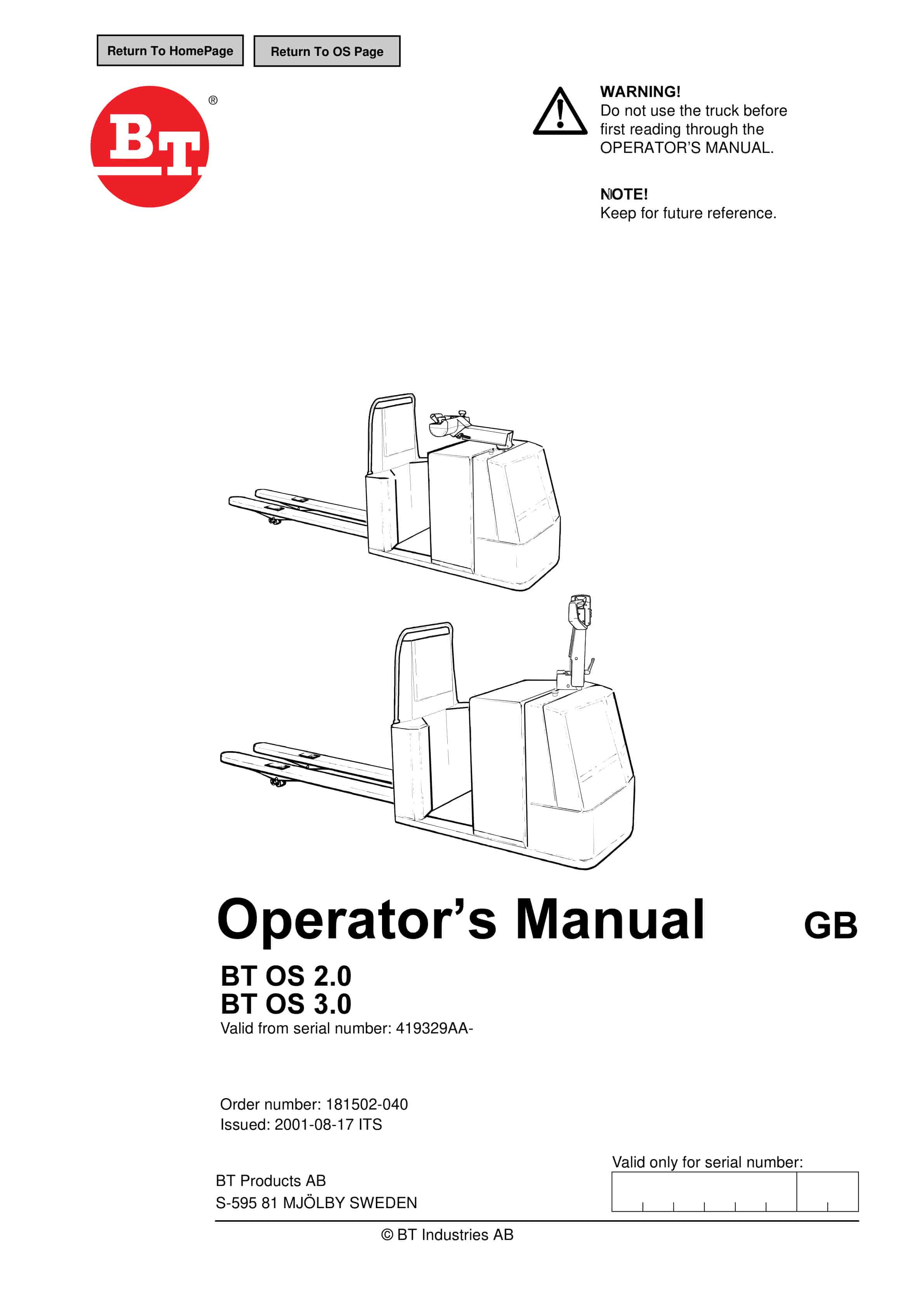 BT OS 2.0, OS 3.0 Operator Manual 181502-040