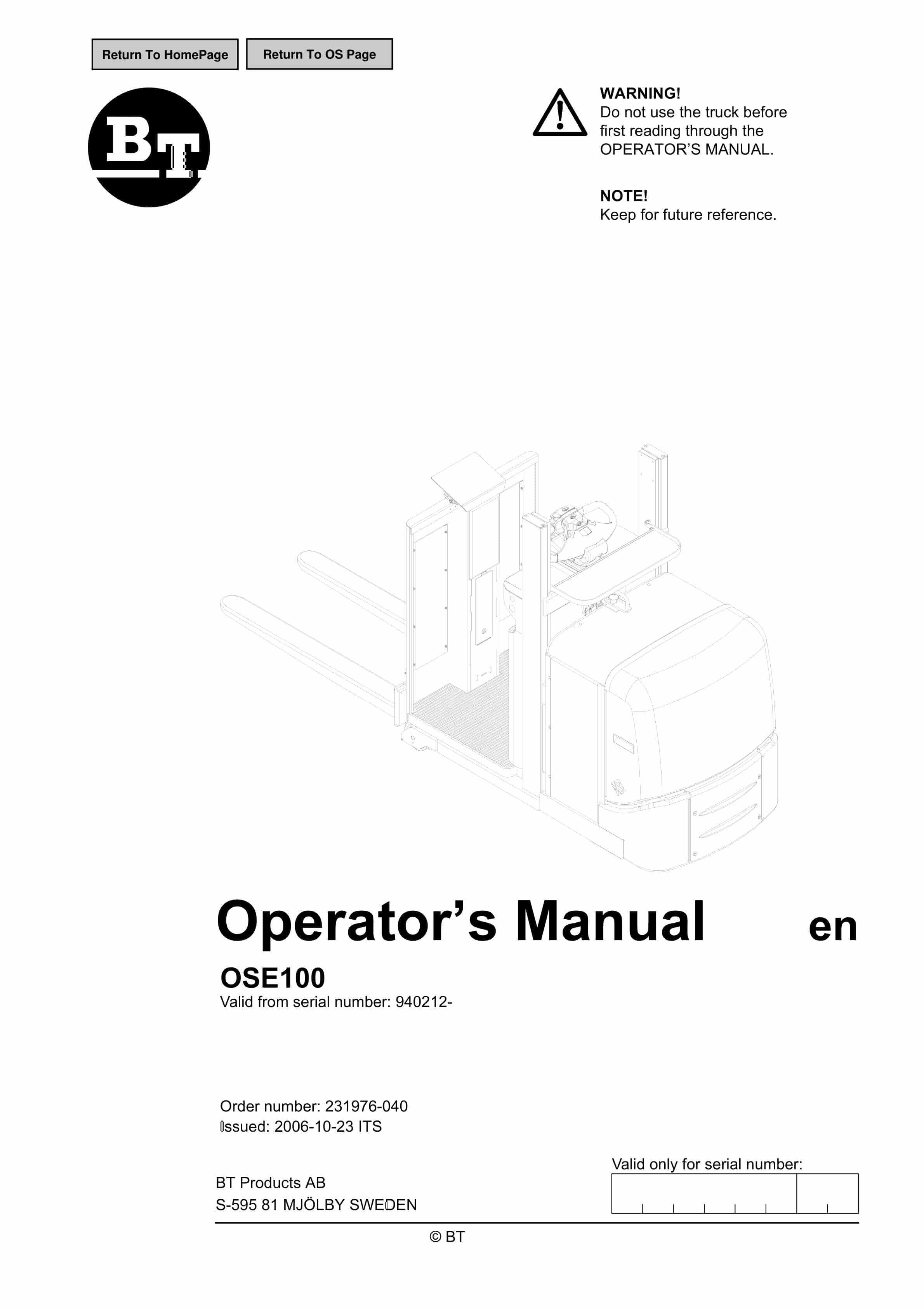 BT OSE100 Operator Manual 231976-040