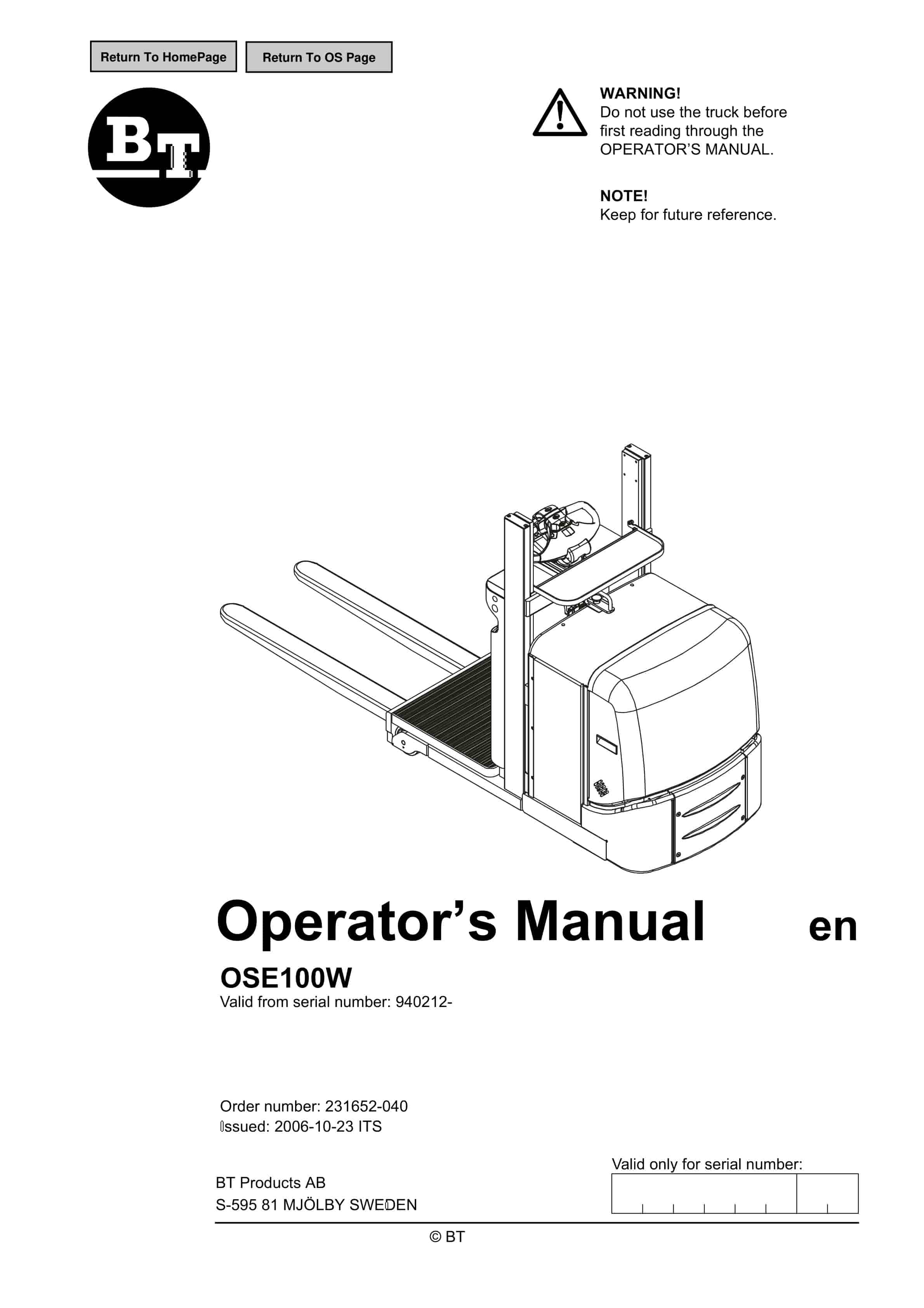 BT OSE100W Operator Manual 231652-040