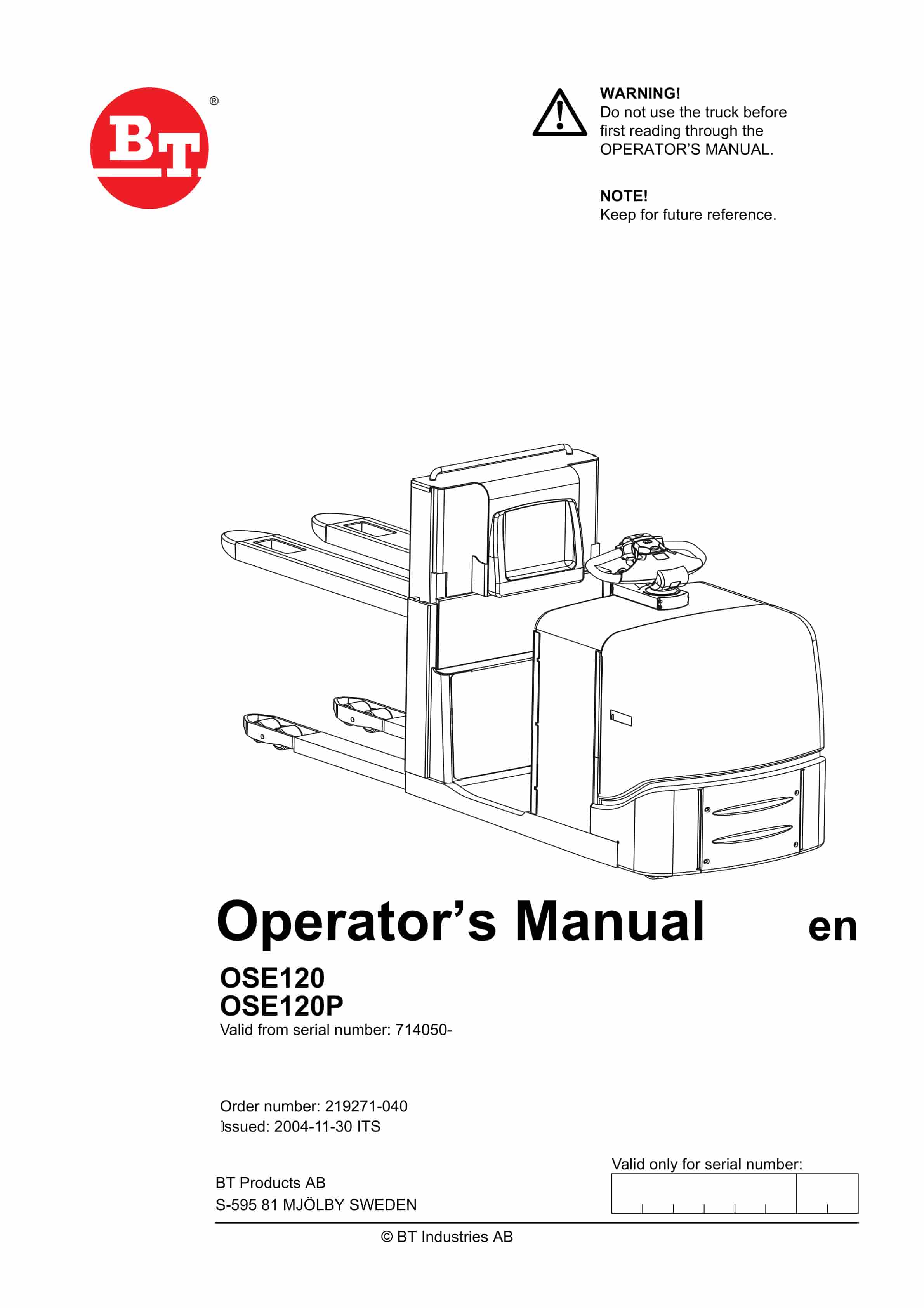 BT OSE120, OSE120P Operator Manual 219271-040