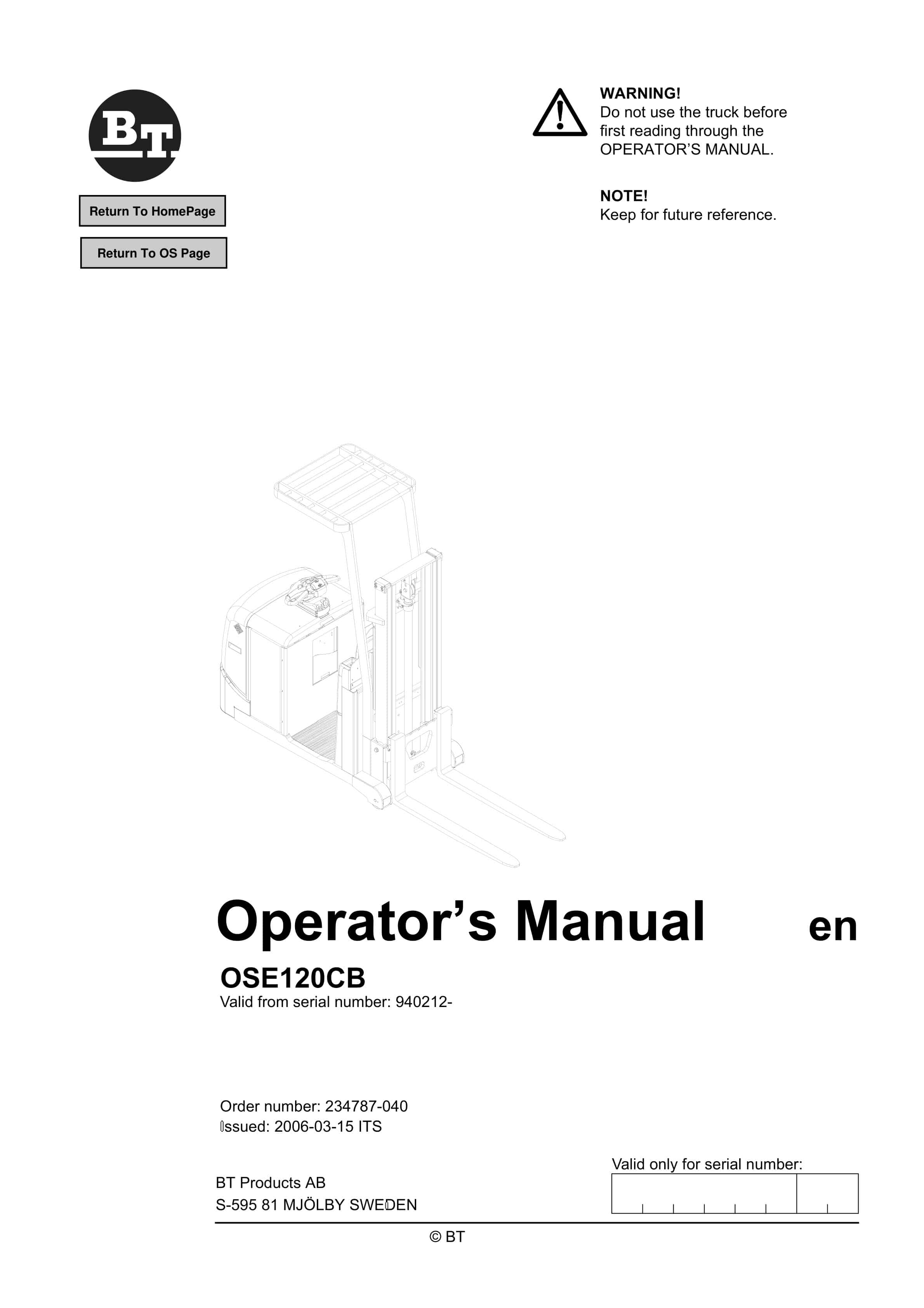 BT OSE120CB Operator Manual 234787-040