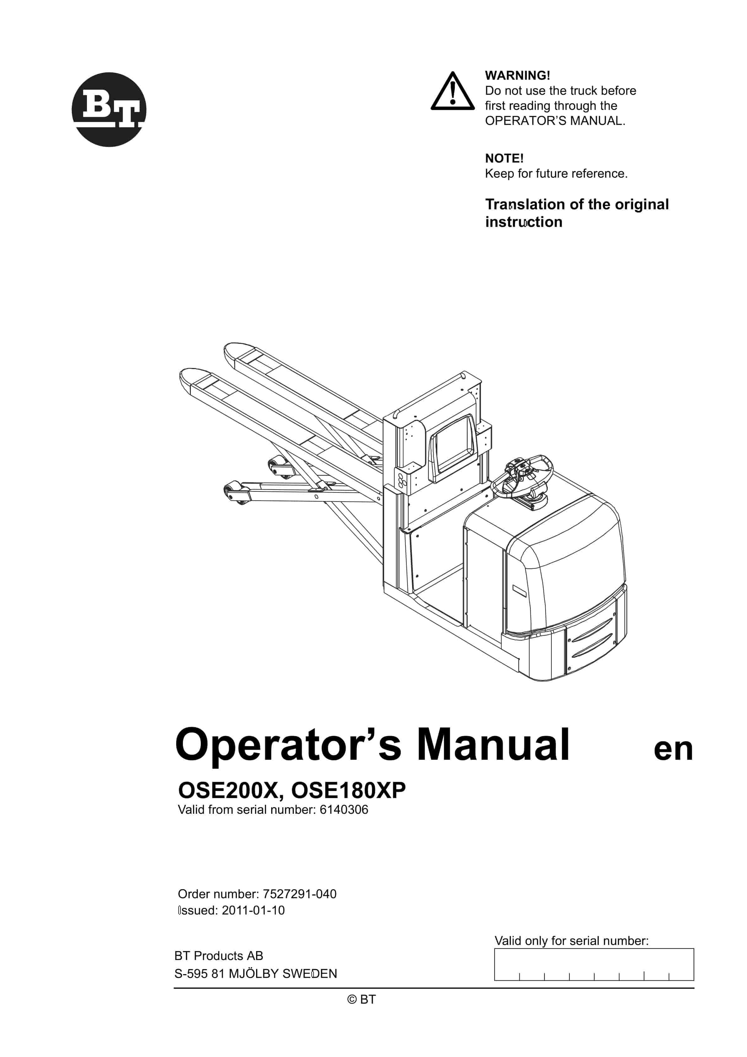 BT OSE200X, OSE180XP Operator Manual 7527291-040