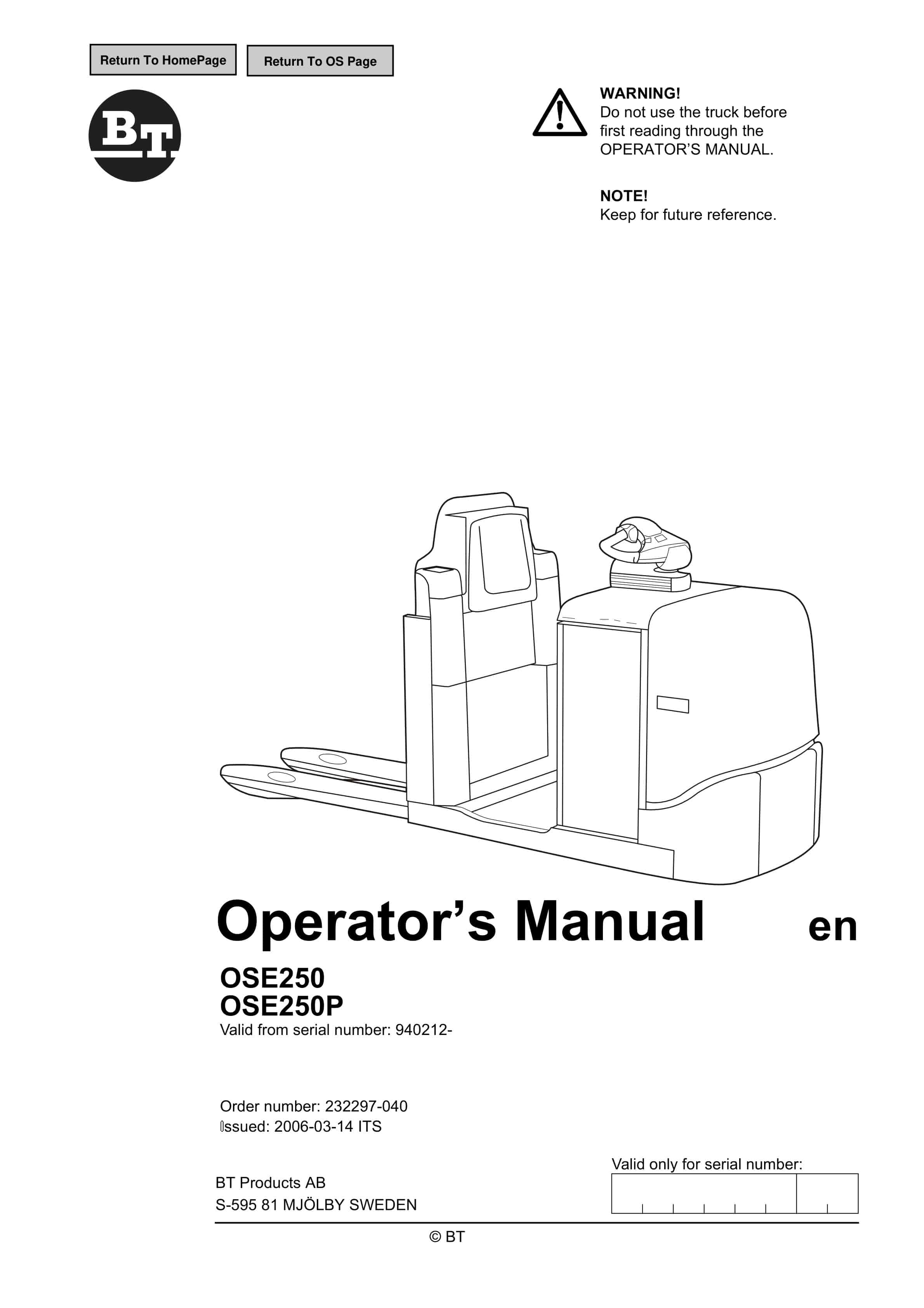 BT OSE250, OSE250P Operator Manual 232297-040