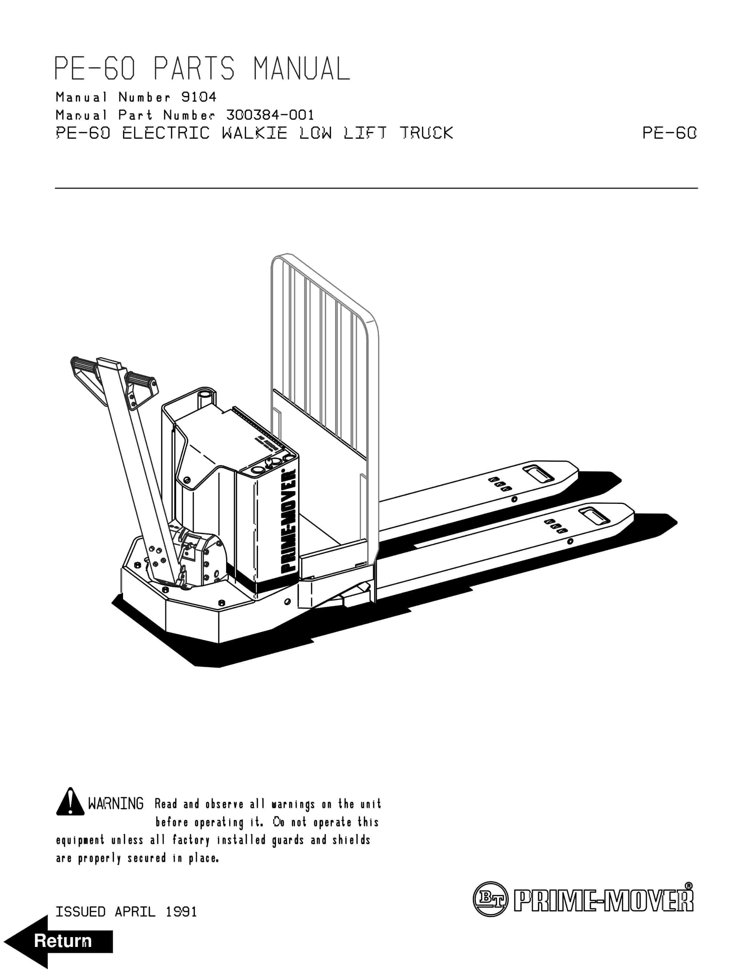 BT PE-60 Electric Walkie Low Lift Truck Parts Manual 300384-001 1 BT PE-60 Electric Walkie Low Lift Truck Parts Manual 300384-001