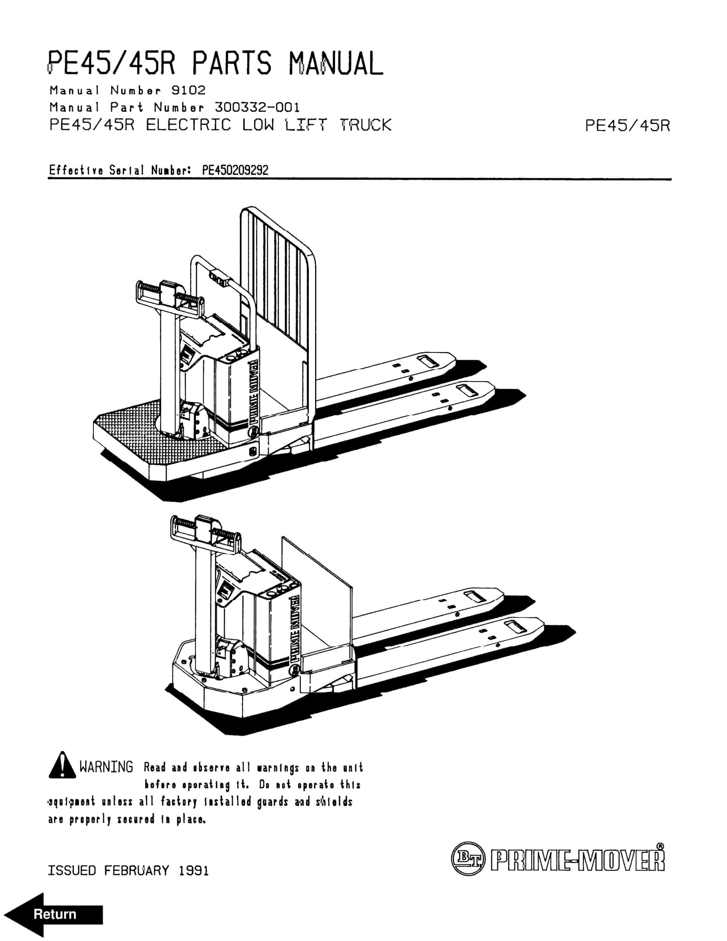 BT PE45, PE45R Electric Low Lift Truck Parts Manual 300332-001 1 BT PE45, PE45R Electric Low Lift Truck Parts Manual 300332-001