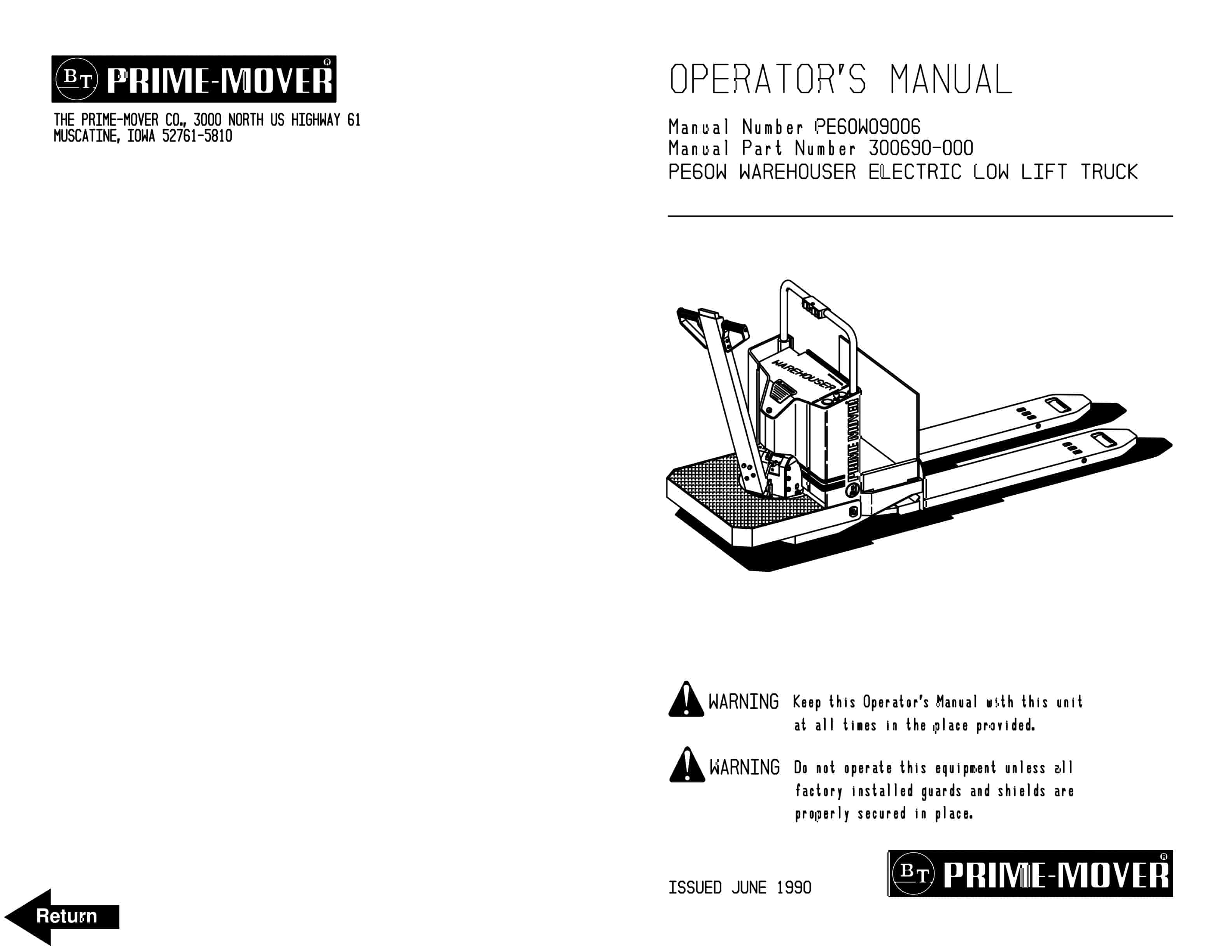 BT PE60W Warehouser Electric Low Lift Truck Operator Manual 300690-000