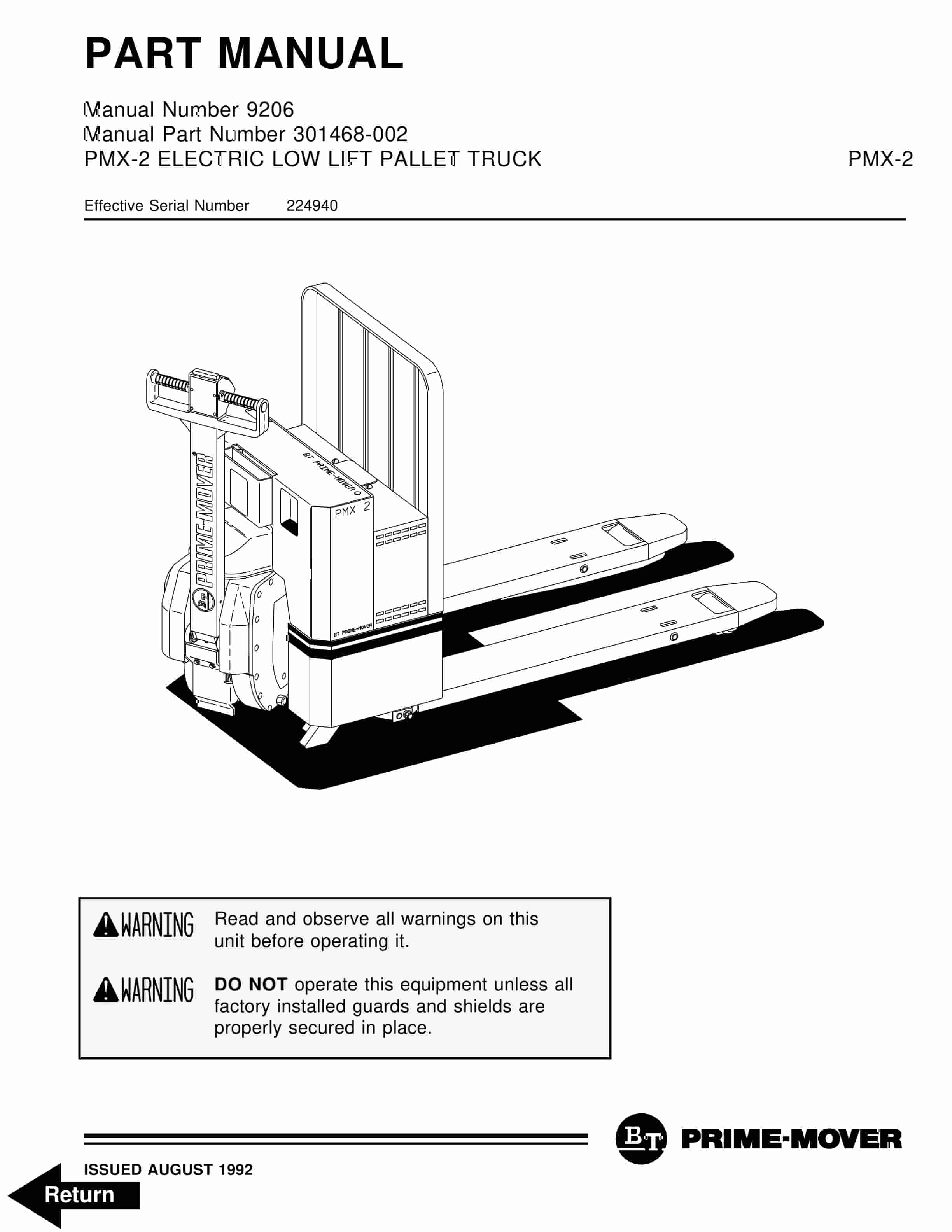 BT PMX-2 Electric Low Lift Pallet Truck Parts Manual 301468-002 1 BT PMX-2 Electric Low Lift Pallet Truck Parts Manual 301468-002