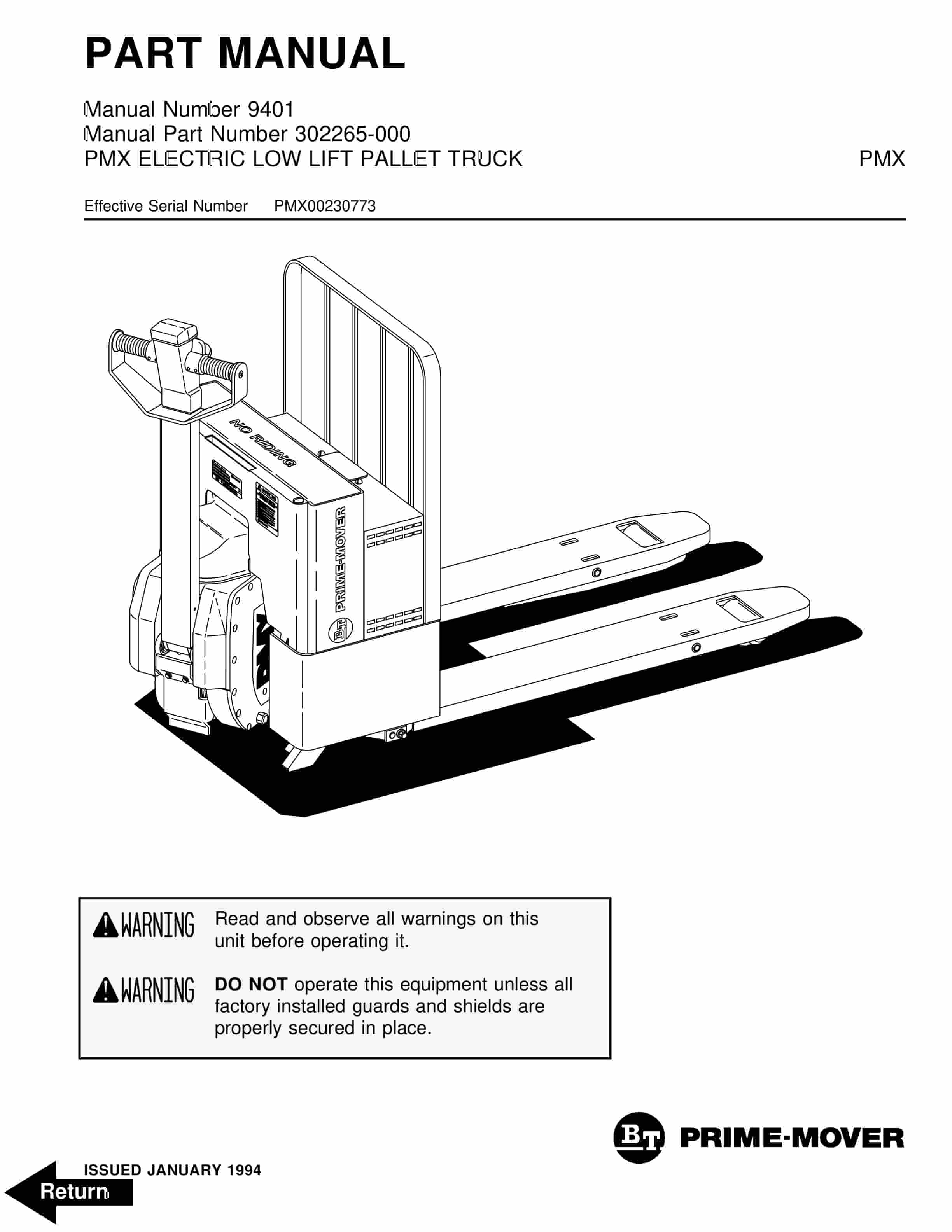 BT PMX Electric Low Lift Pallet Truck Parts Manual 302265-000 1 BT PMX Electric Low Lift Pallet Truck Parts Manual 302265-000