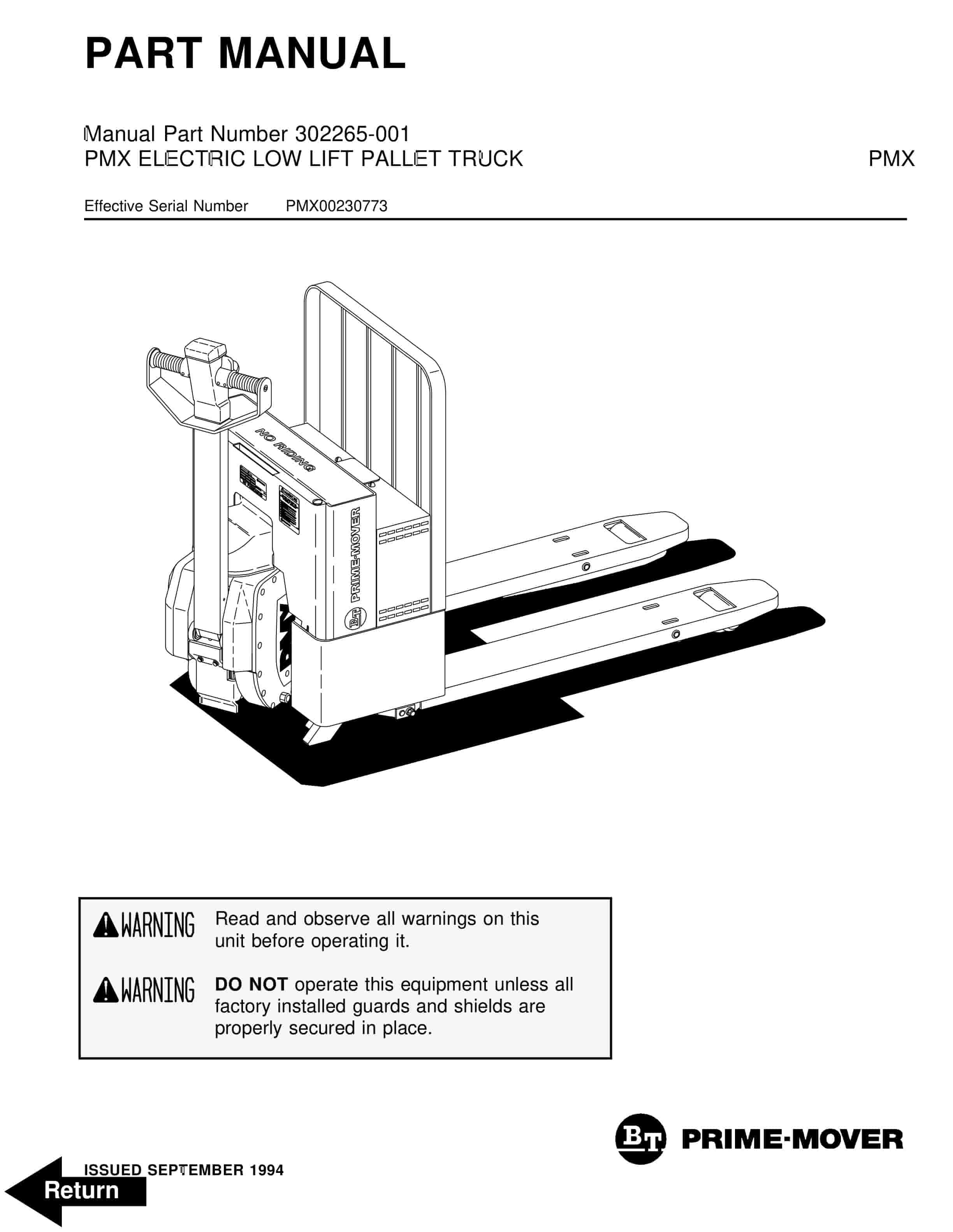 BT PMX Electric Low Lift Pallet Truck Parts Manual 302265-001 1 BT PMX Electric Low Lift Pallet Truck Parts Manual 302265-001