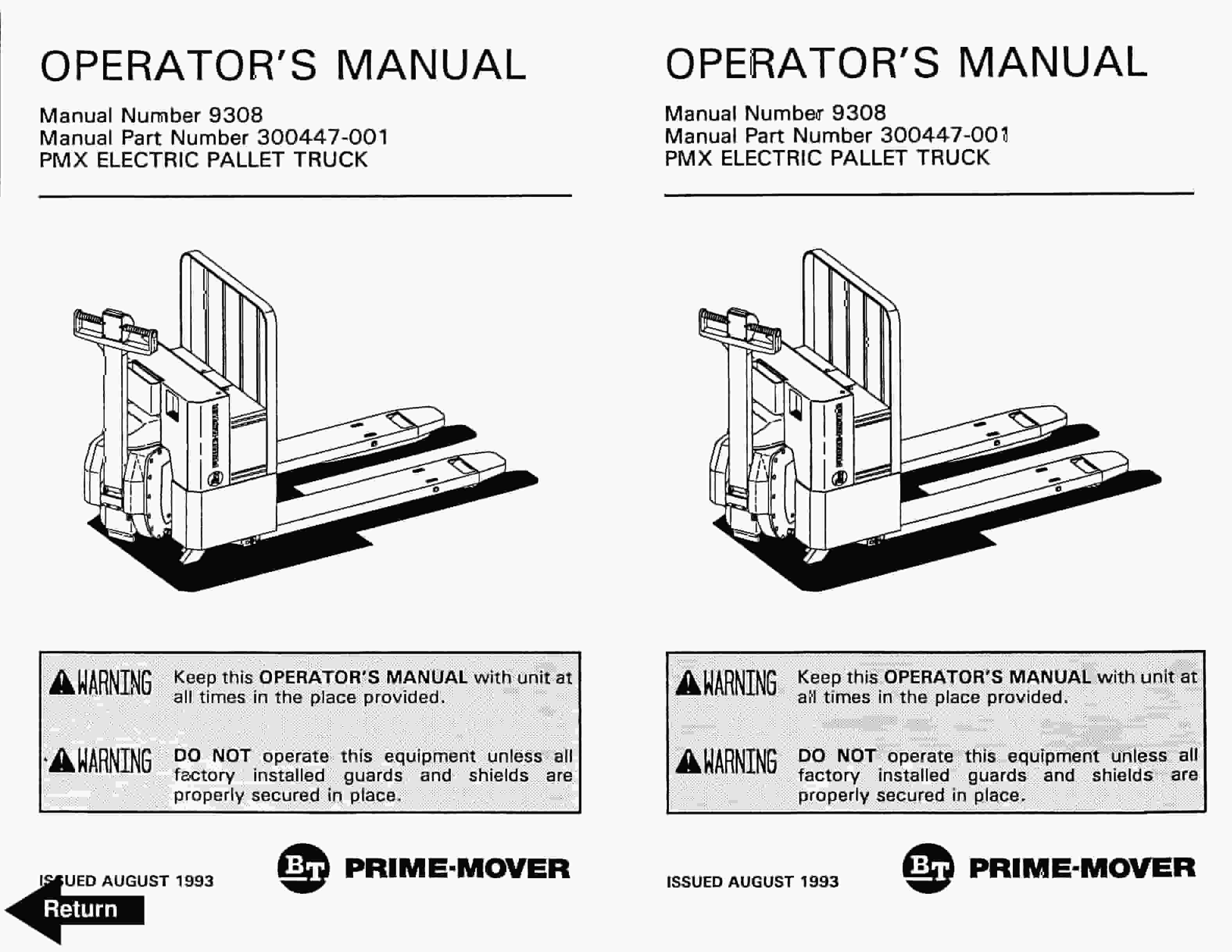 BT PMX Electric Pallet Truck Operator Manual 300447-001