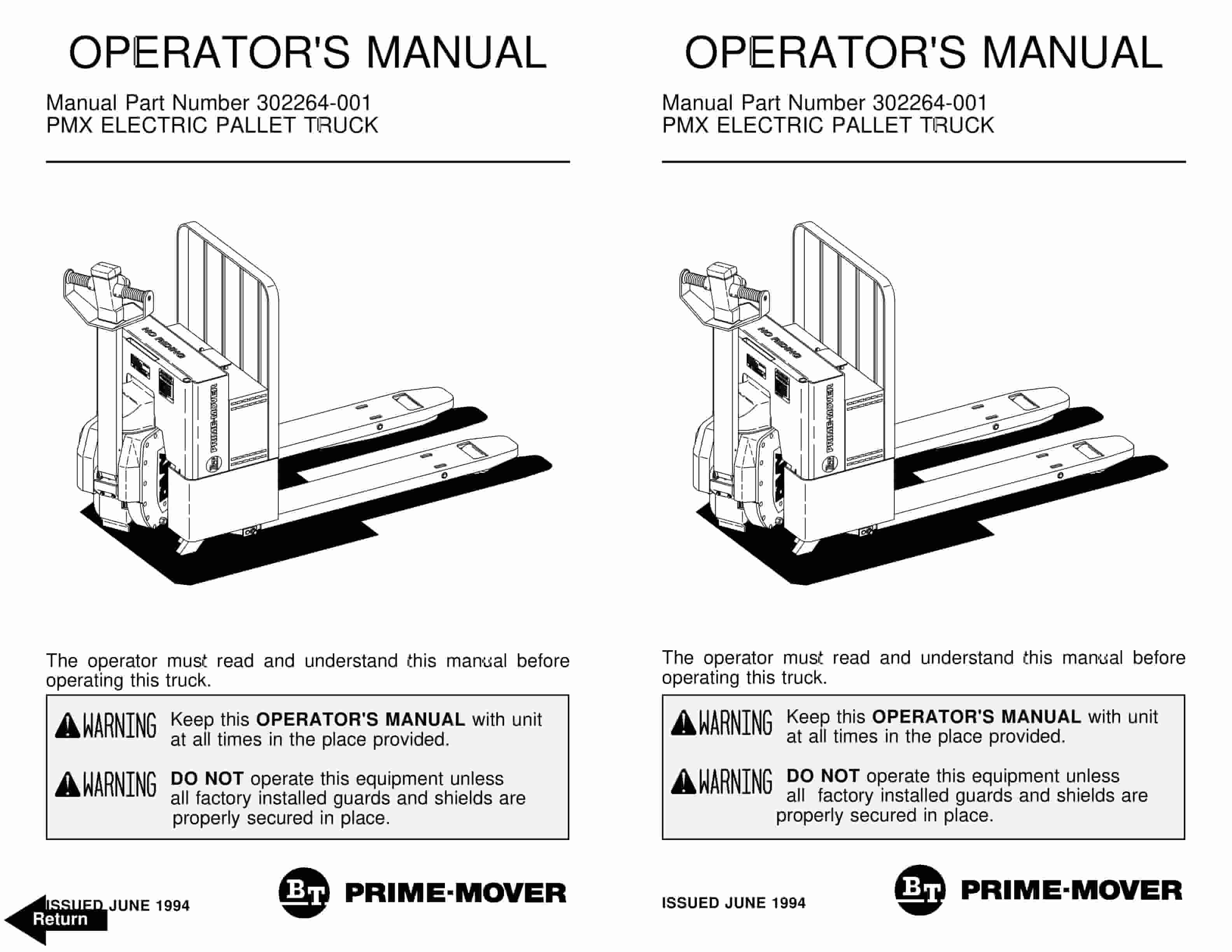 BT PMX Electric Pallet Truck Operator Manual 302264-001