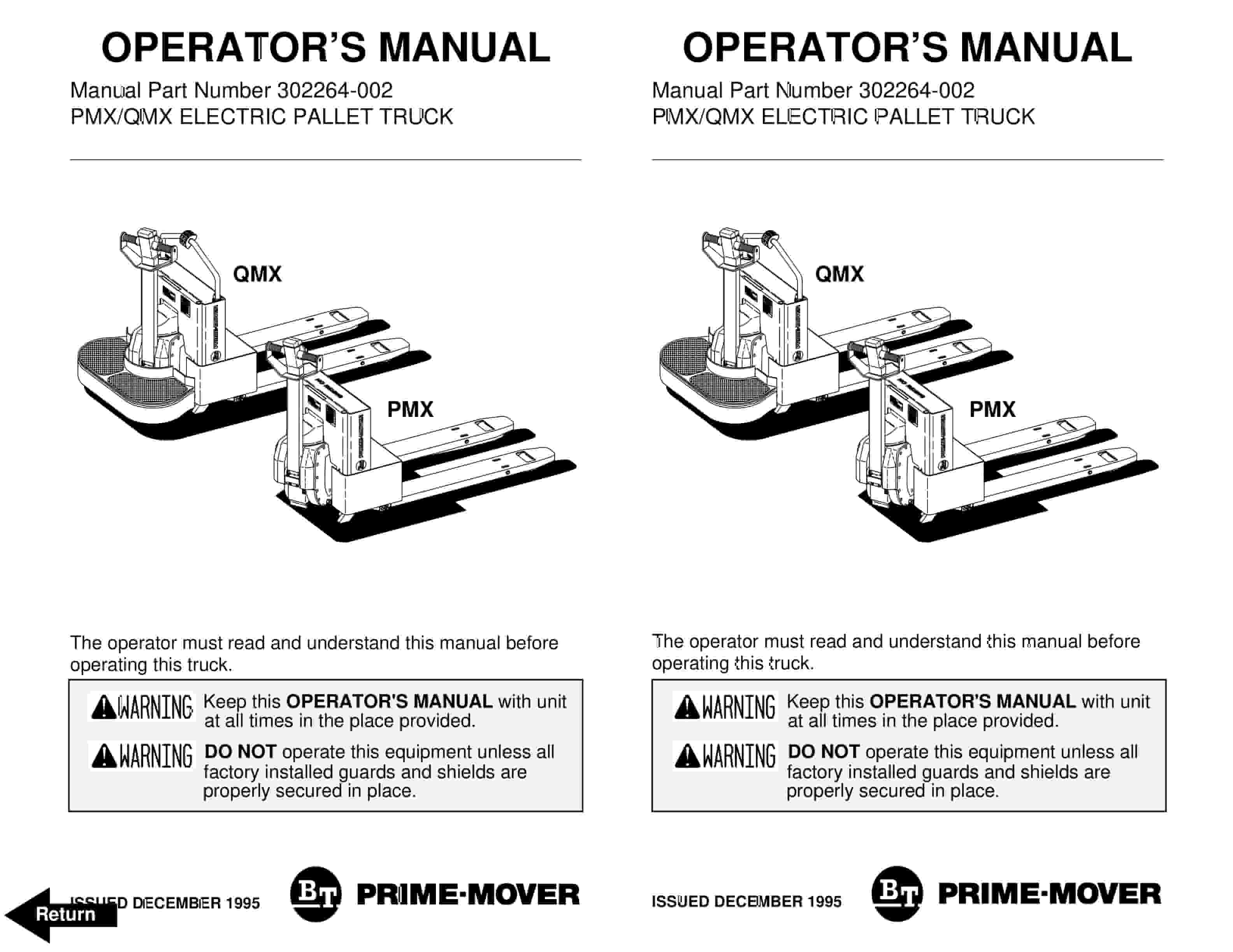 BT PMX, QMX Electric Pallet Truck Operator Manual 302264-002
