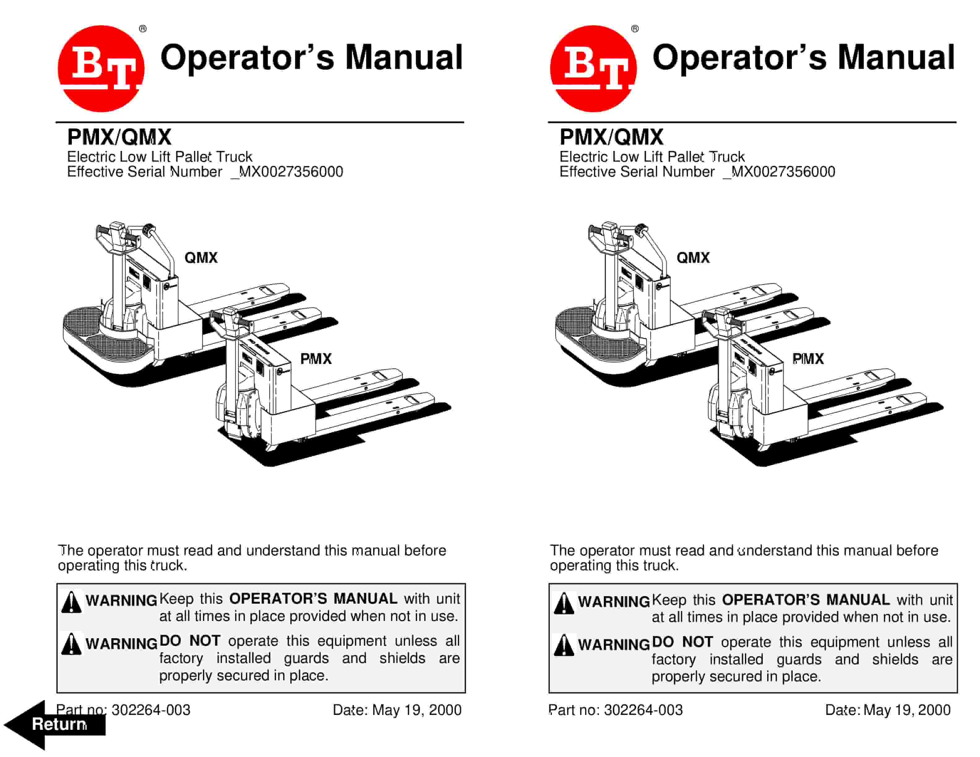 BT PMX, QMX Electric Pallet Truck Operator Manual 302264-003