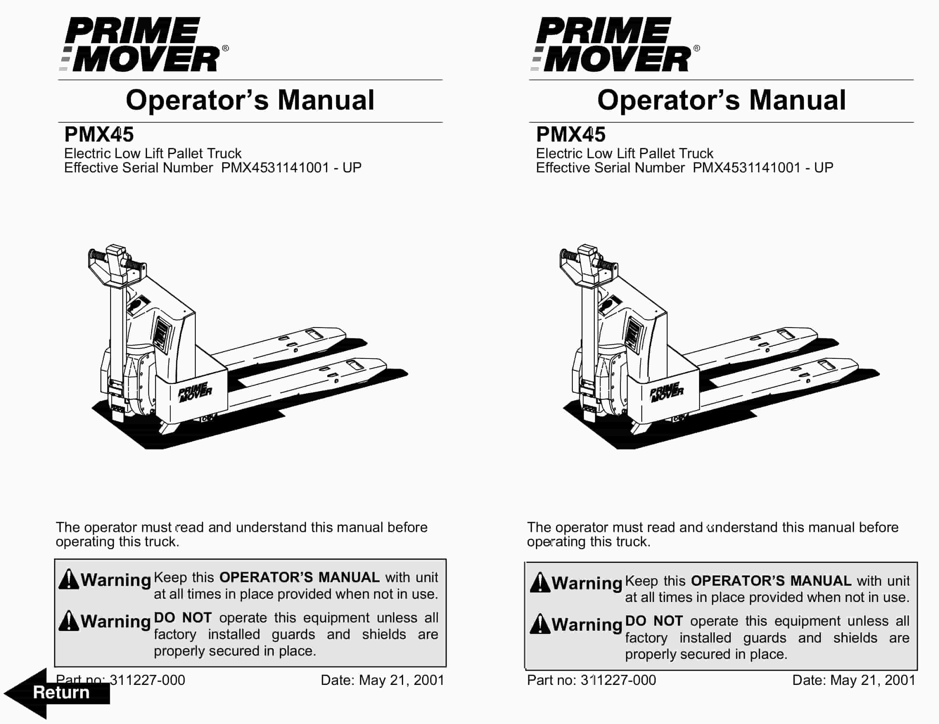 BT PMX45 Electric Low Lift Pallet Truck Operator Manual 311227-000