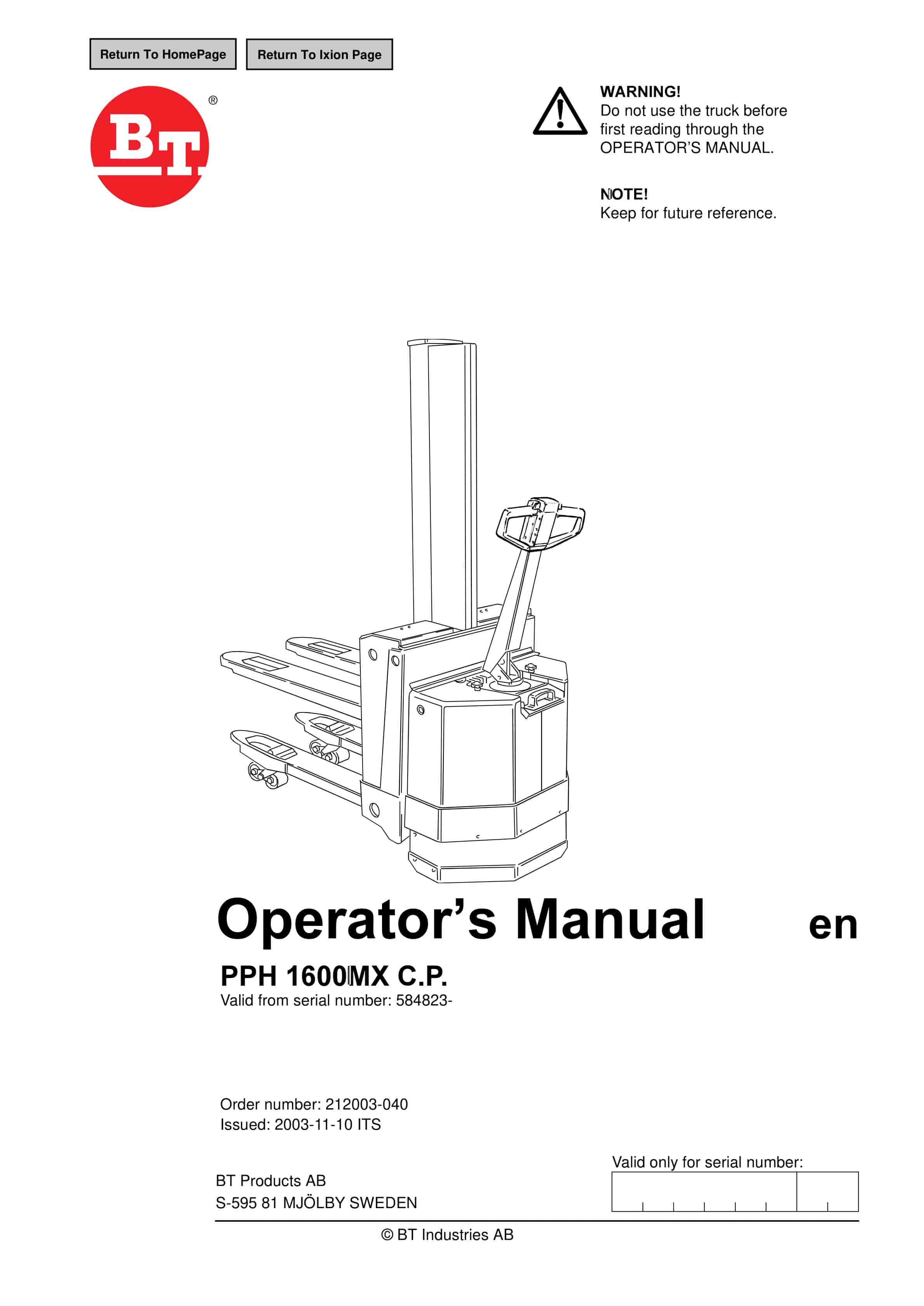 BT PPH 1600MX C.P Operator Manual 212003-040