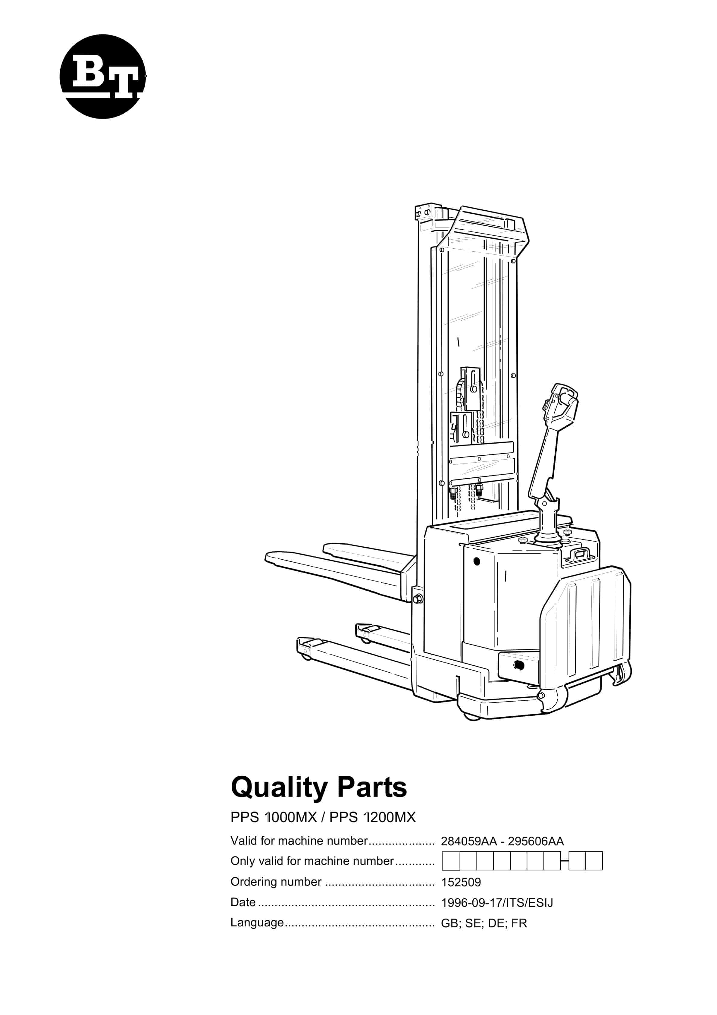 BT PPS 1000MX, PPS 1200MX Quality Parts 152509 1 BT PPS 1000MX, PPS 1200MX Quality Parts 152509