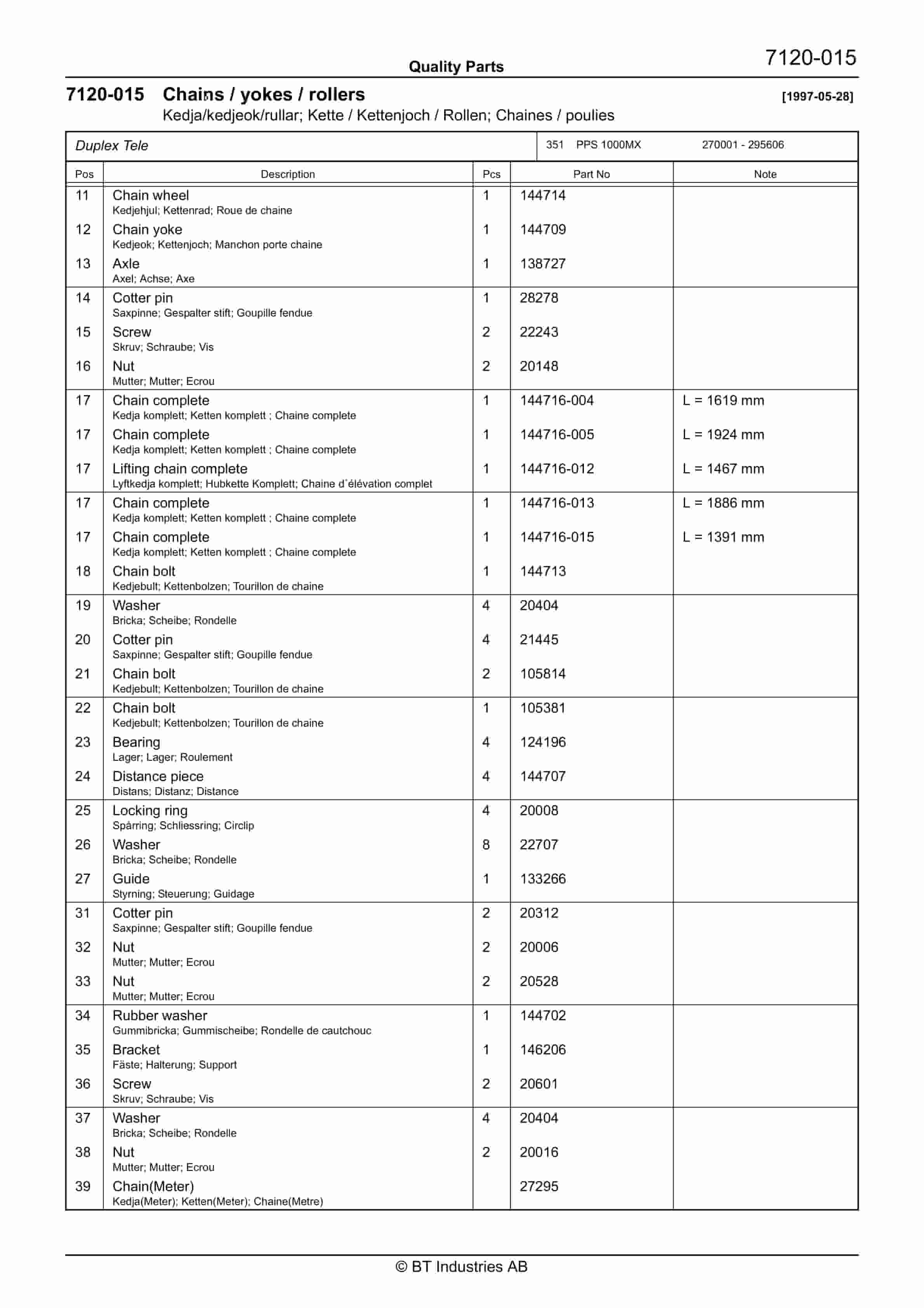 BT PPS 1000MX, PPS 1200MX Quality Parts 152509 5 BT PPS 1000MX, PPS 1200MX Quality Parts 152509 - Image 5