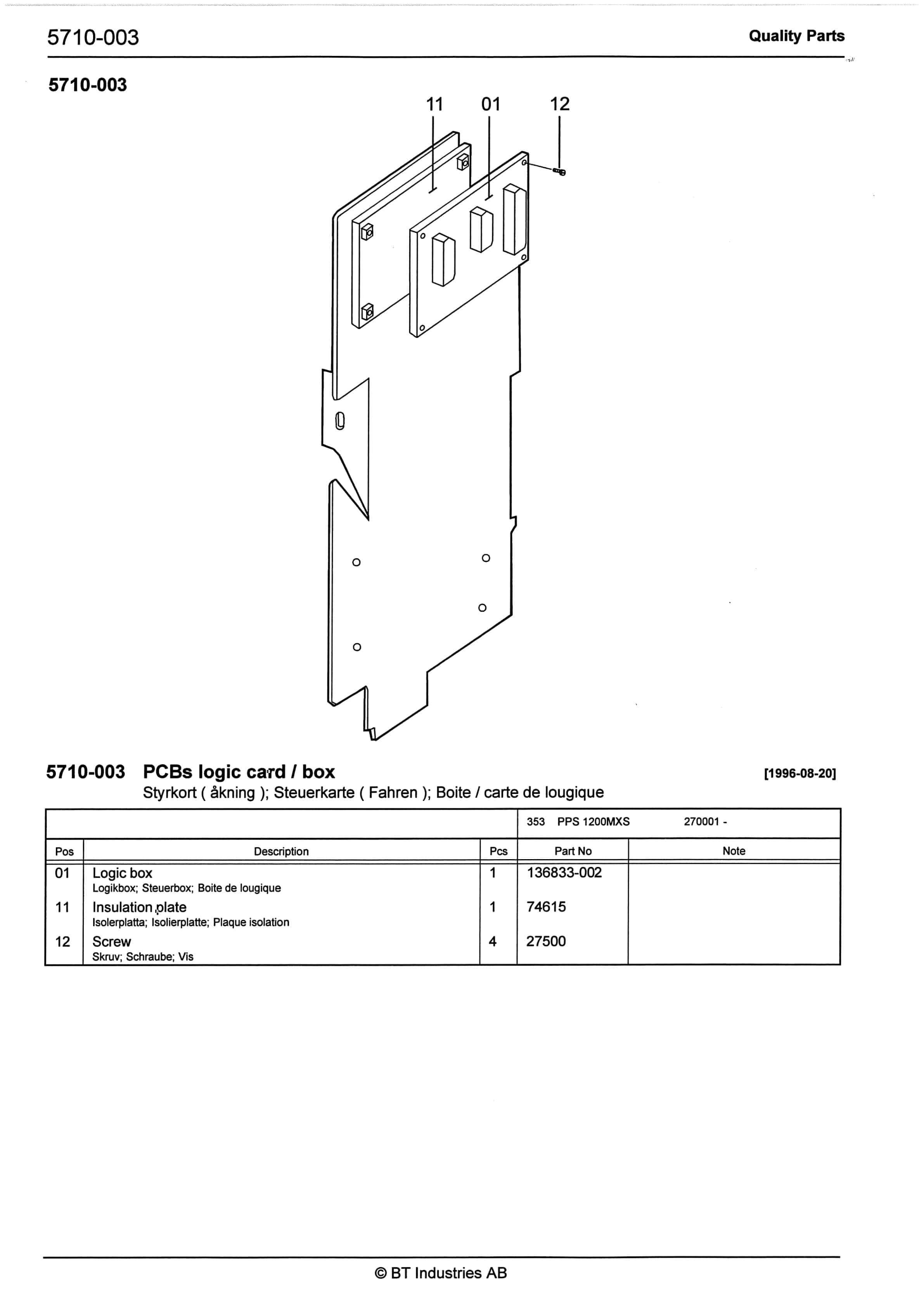 BT PPS 1200 MXS Quality Parts 152510 3 BT PPS 1200 MXS Quality Parts 152510-3
