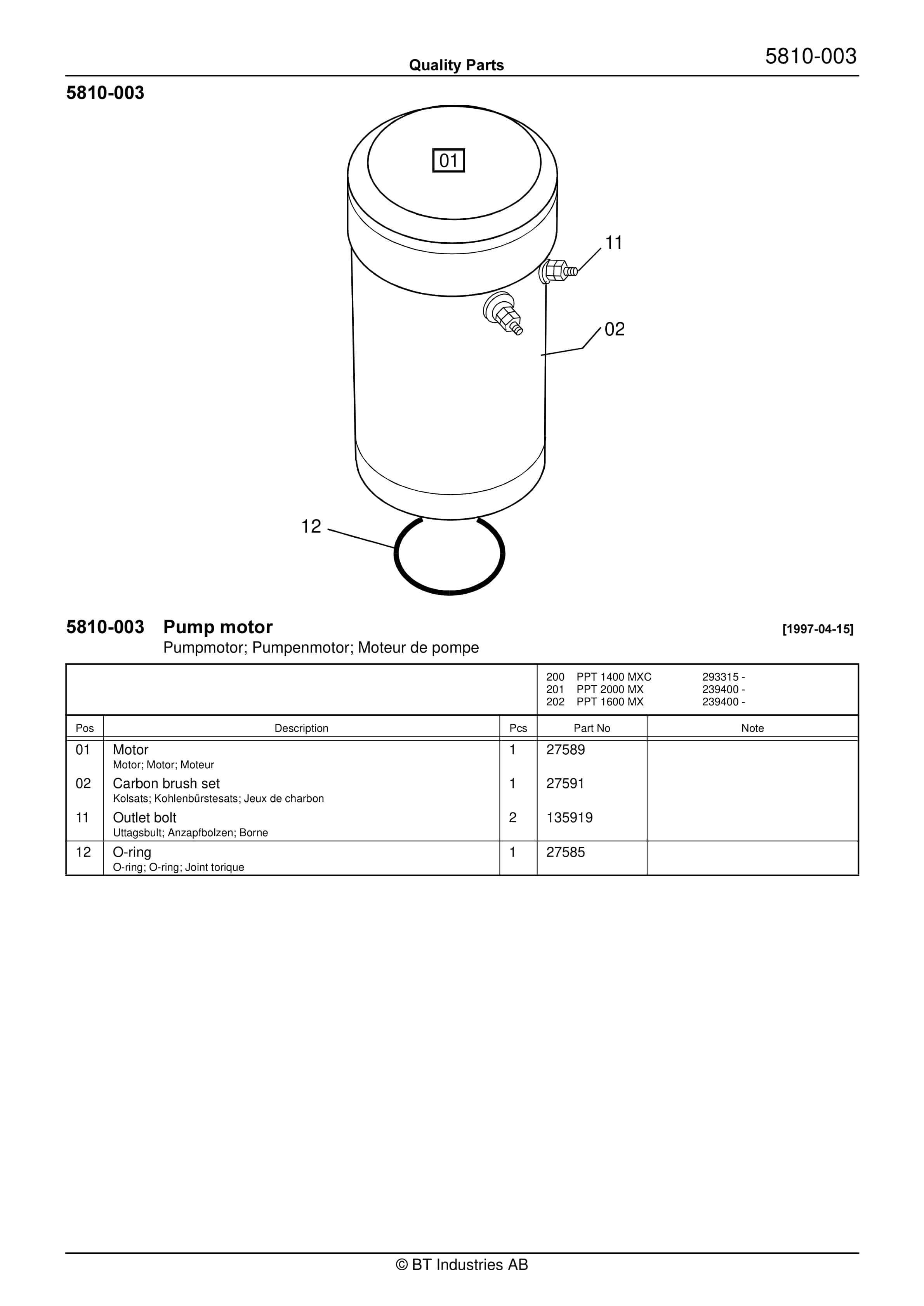 BT PPT 1400MX, PPT 1400MXC, PPT 1600MX, PPT 2000MX Quality Parts 160670 4 BT PPT 1400MX, PPT 1400MXC, PPT 1600MX, PPT 2000MX Quality Parts 160670 - Image 4