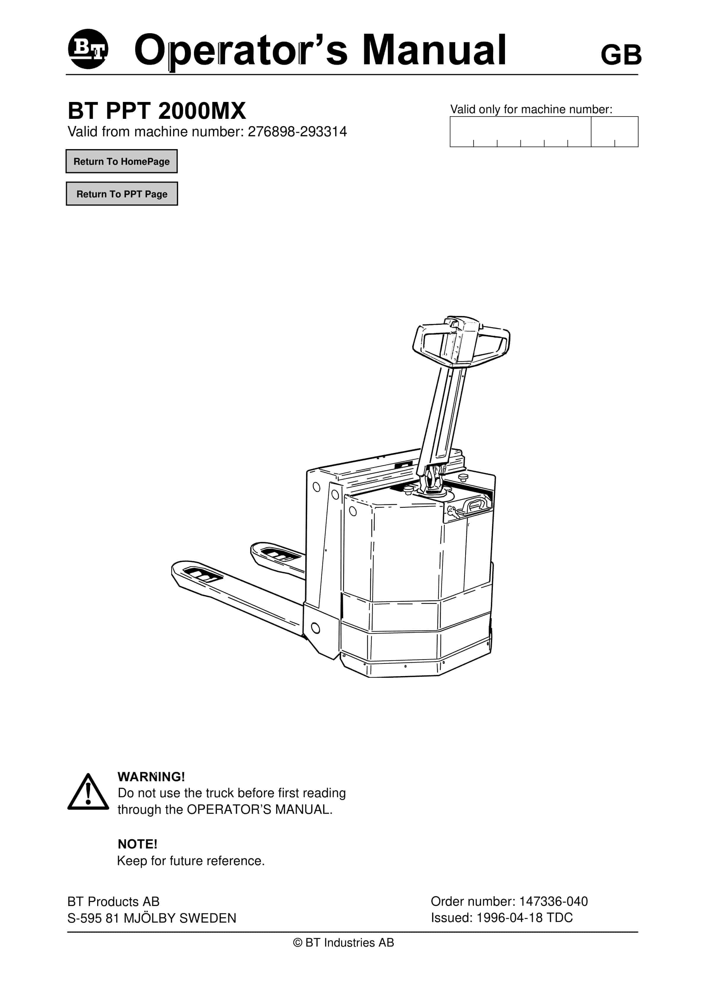 BT PPT 2000MX Operator Manual 147336-040