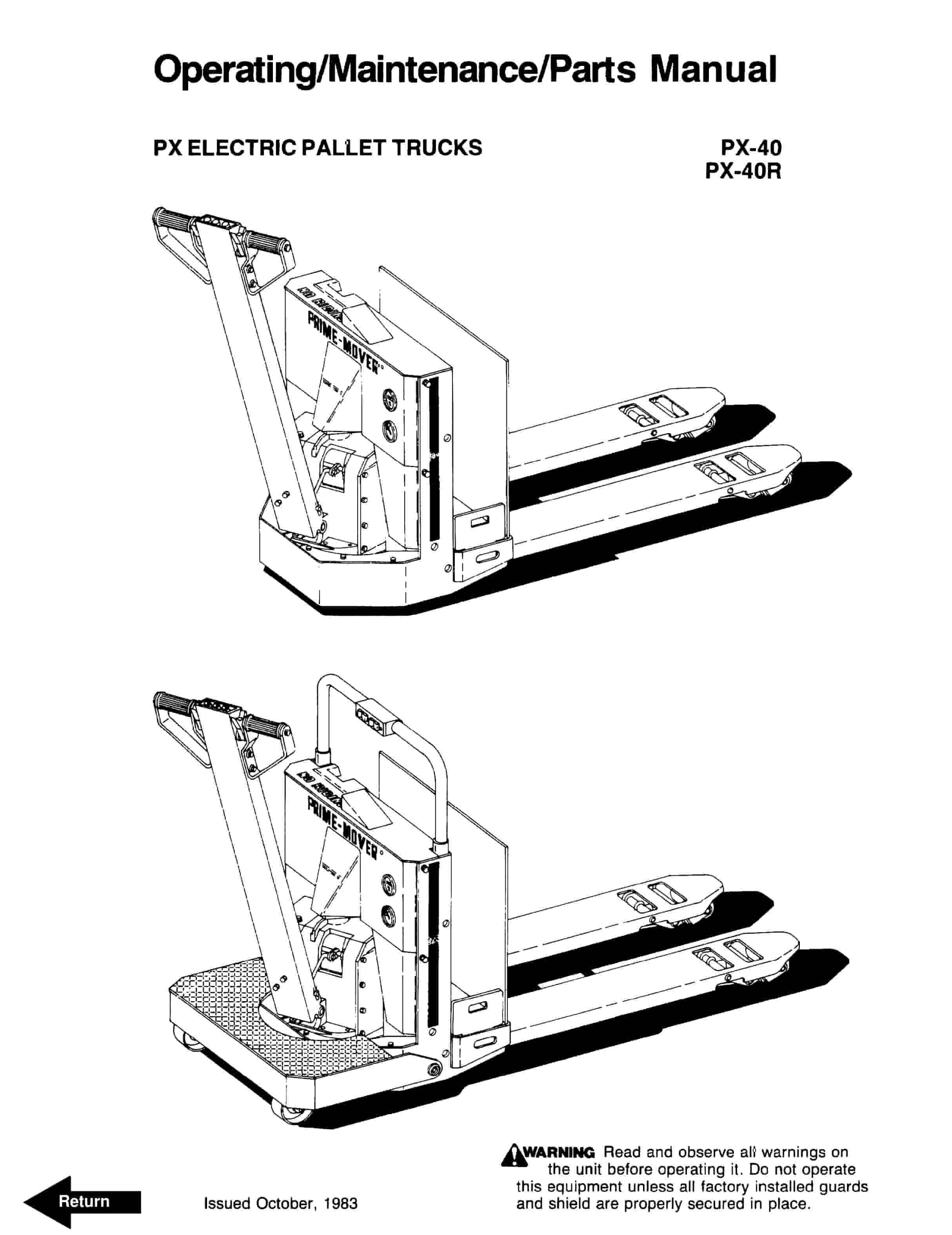 BT PX Electric Pallet Trucks Operating - Maintenance - Parts Manual 301072-000 1 BT PX Electric Pallet Trucks Operating - Maintenance - Parts Manual 301072-000