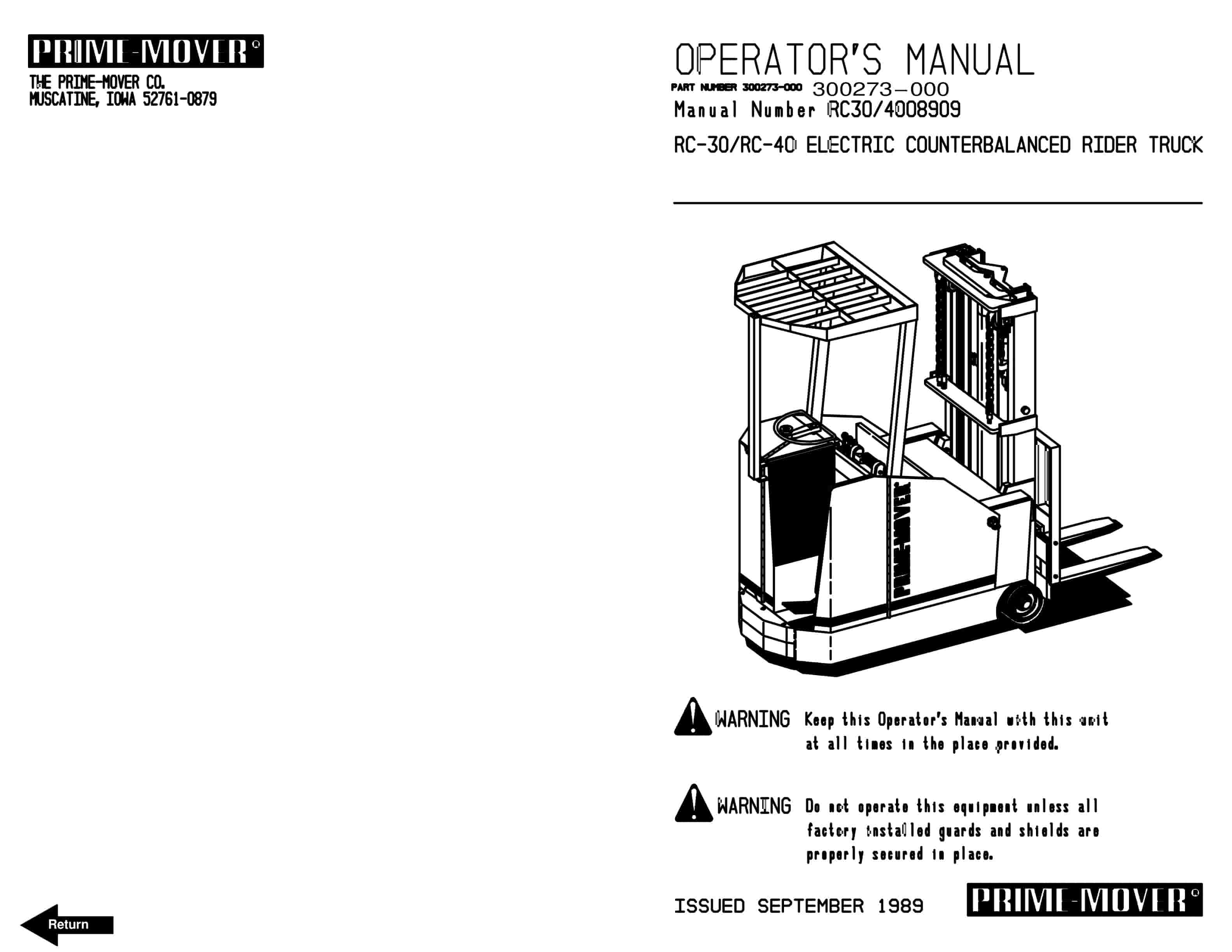 BT RC-30, RC-40 Electric Counterbalanced Rider Truck Operator Manual 300273-000