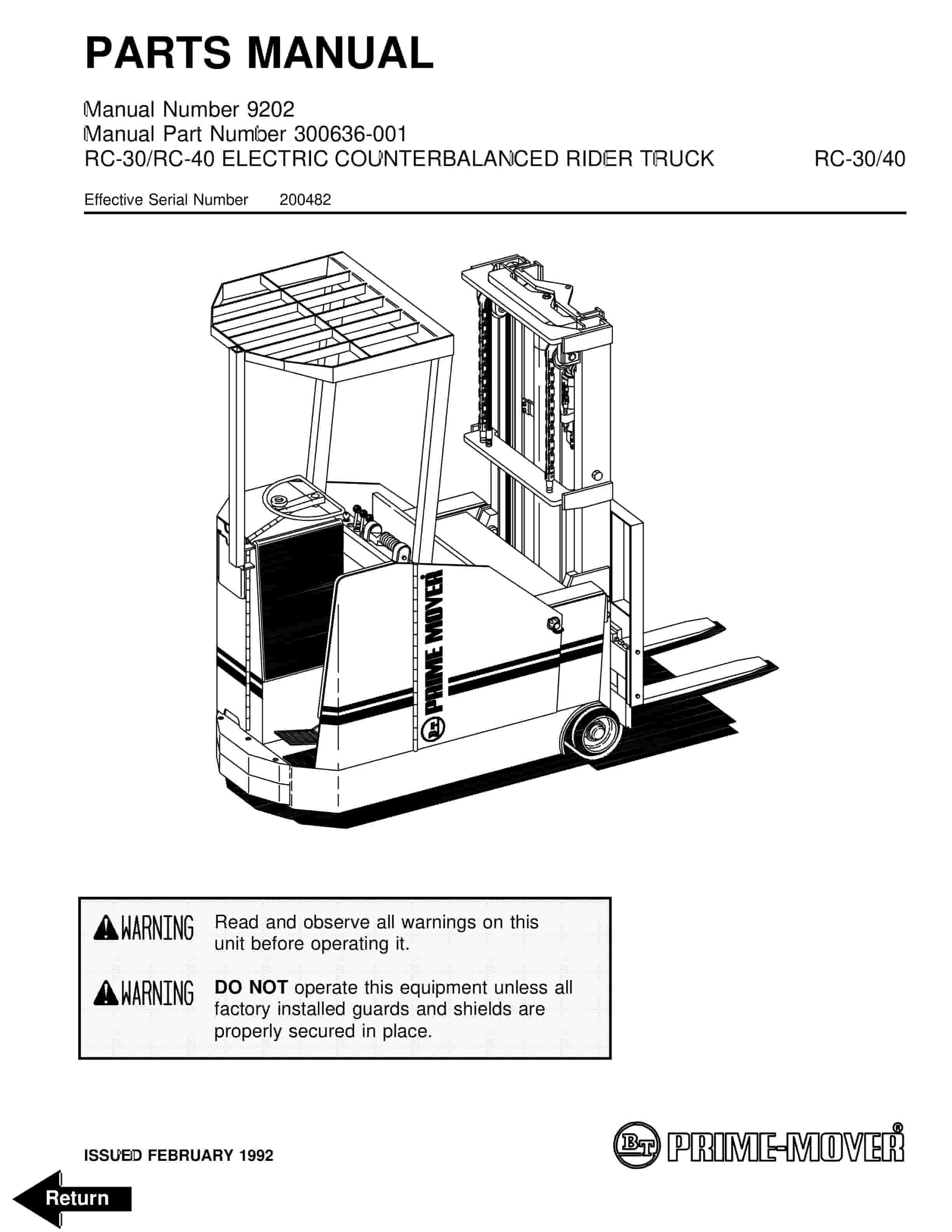 BT RC-30, RC-40 Electric Counterbalanced Rider Truck Parts Manual 300636-001 1 BT RC-30, RC-40 Electric Counterbalanced Rider Truck Parts Manual 300636-001