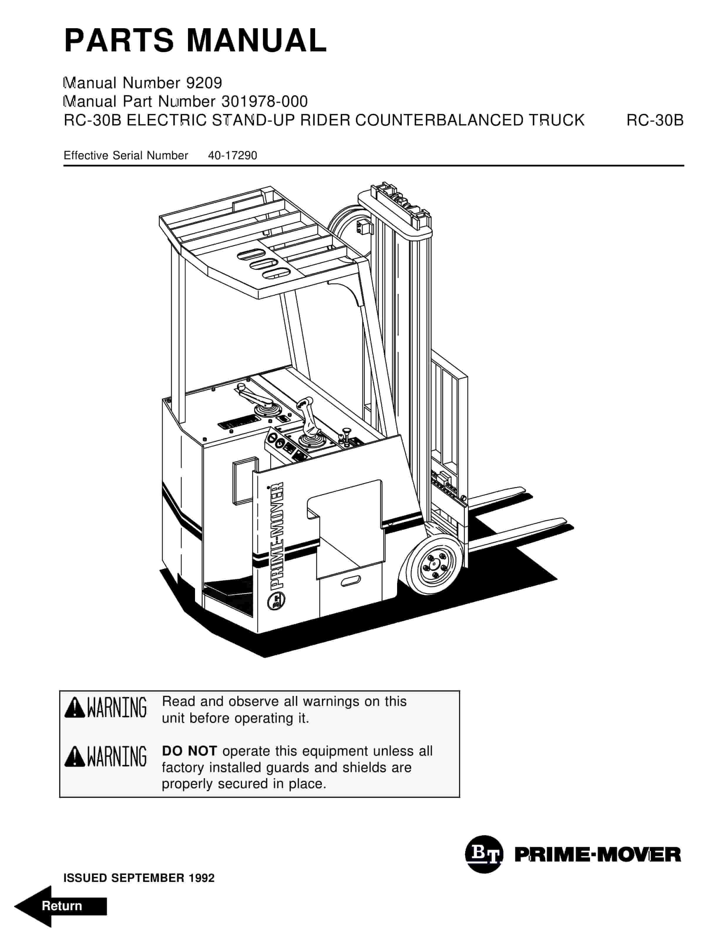 BT RC-30B Electric Stand-Up Rider Counterbalanced Truck Parts Manual 9209 301978-000 1 BT RC-30B Electric Stand-Up Rider Counterbalanced Truck Parts Manual 9209 301978-000