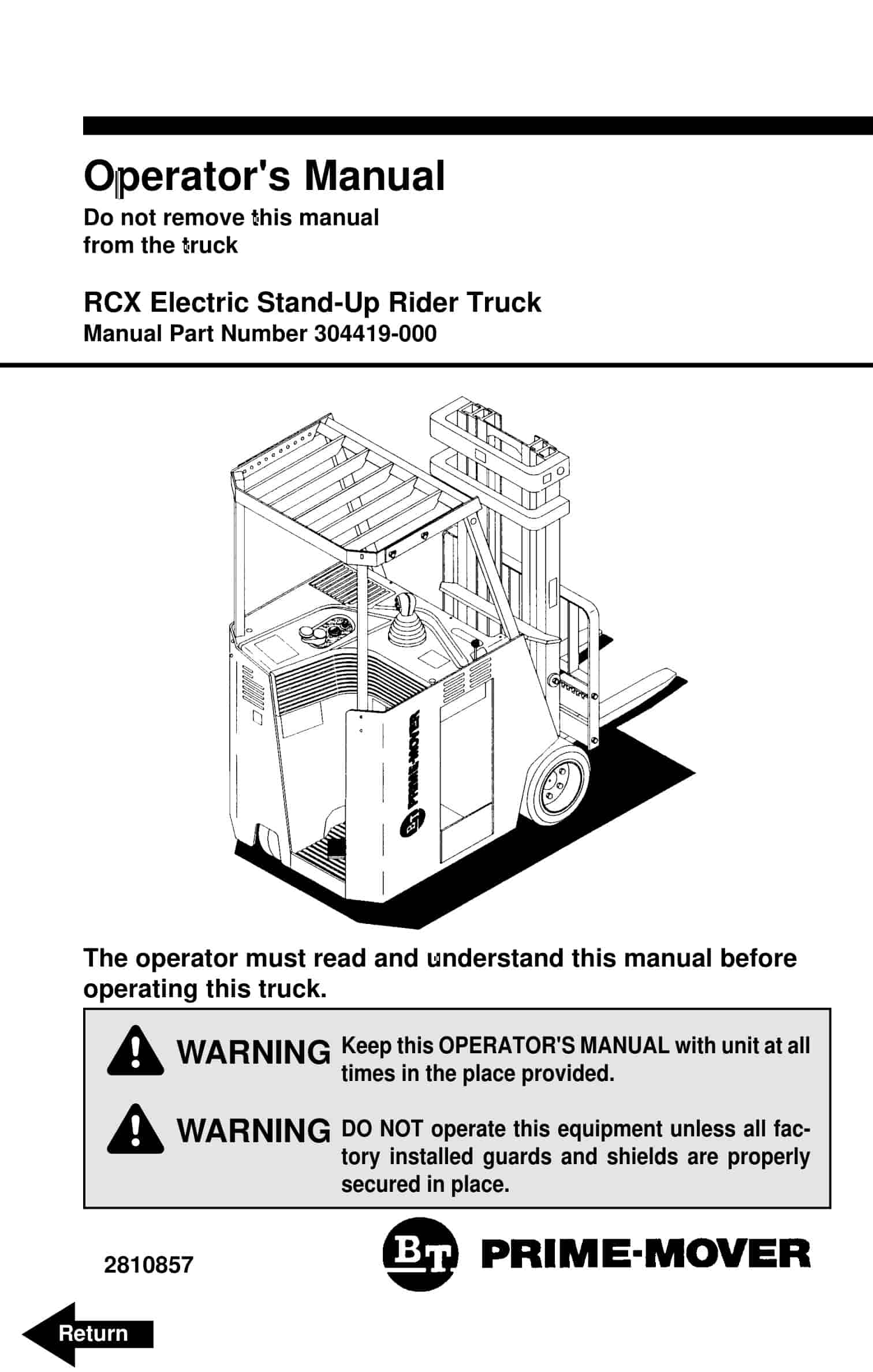 BT RCX Electric Stand-Up Rider Truck Operator Manual 304419-000