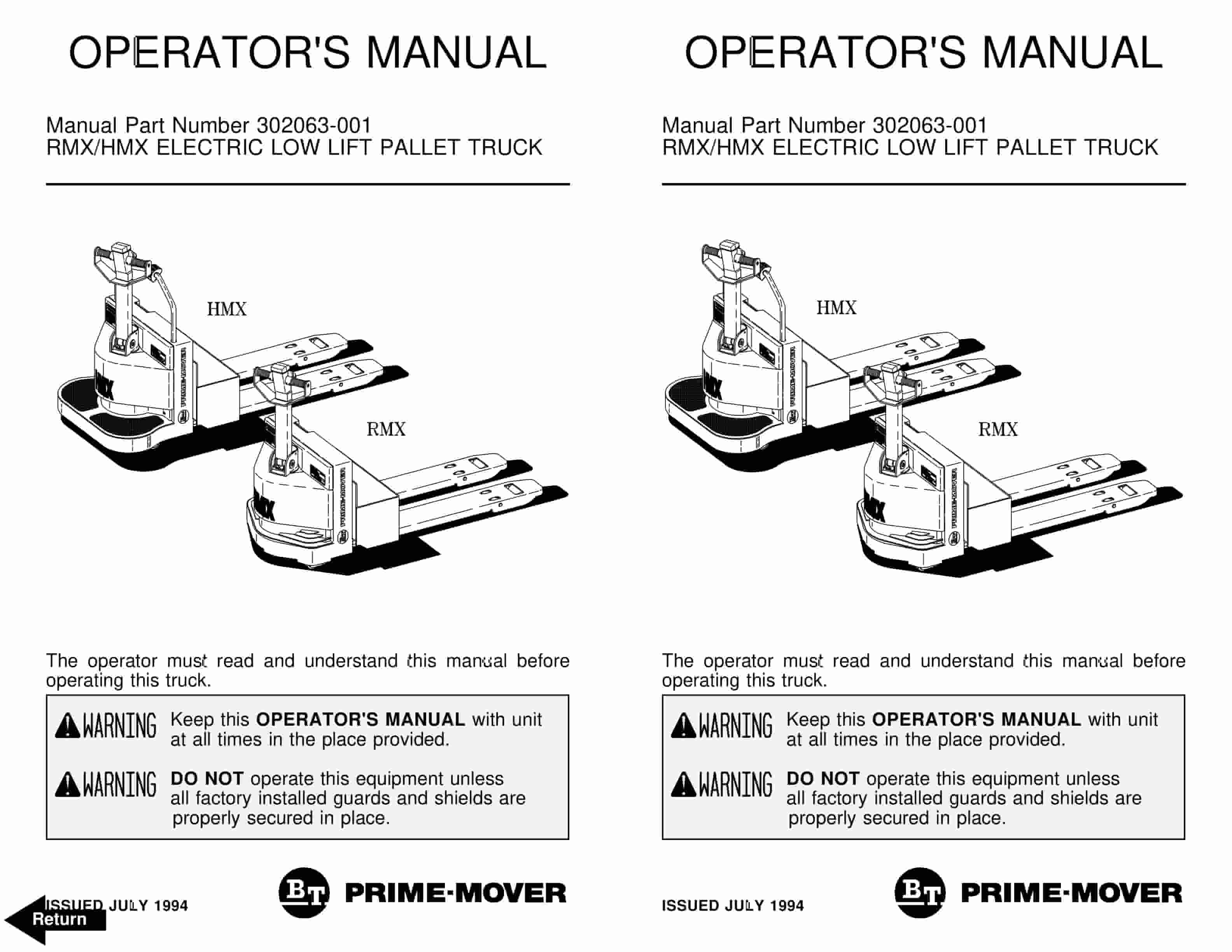 BT RMX, HMX Electric Low Lift Pallet Truck Operator Manual 302063-001