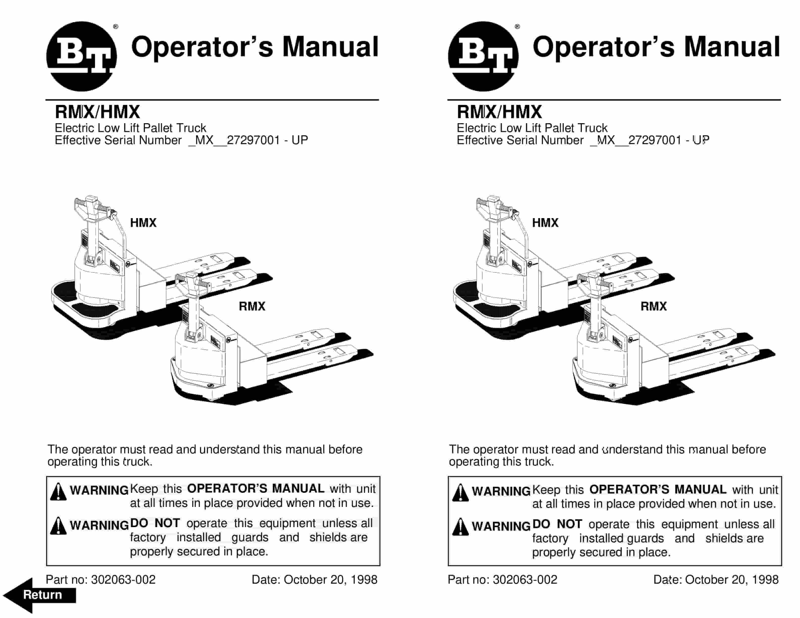 BT RMX, HMX Electric Low Lift Pallet Truck Operator Manual 302063-002
