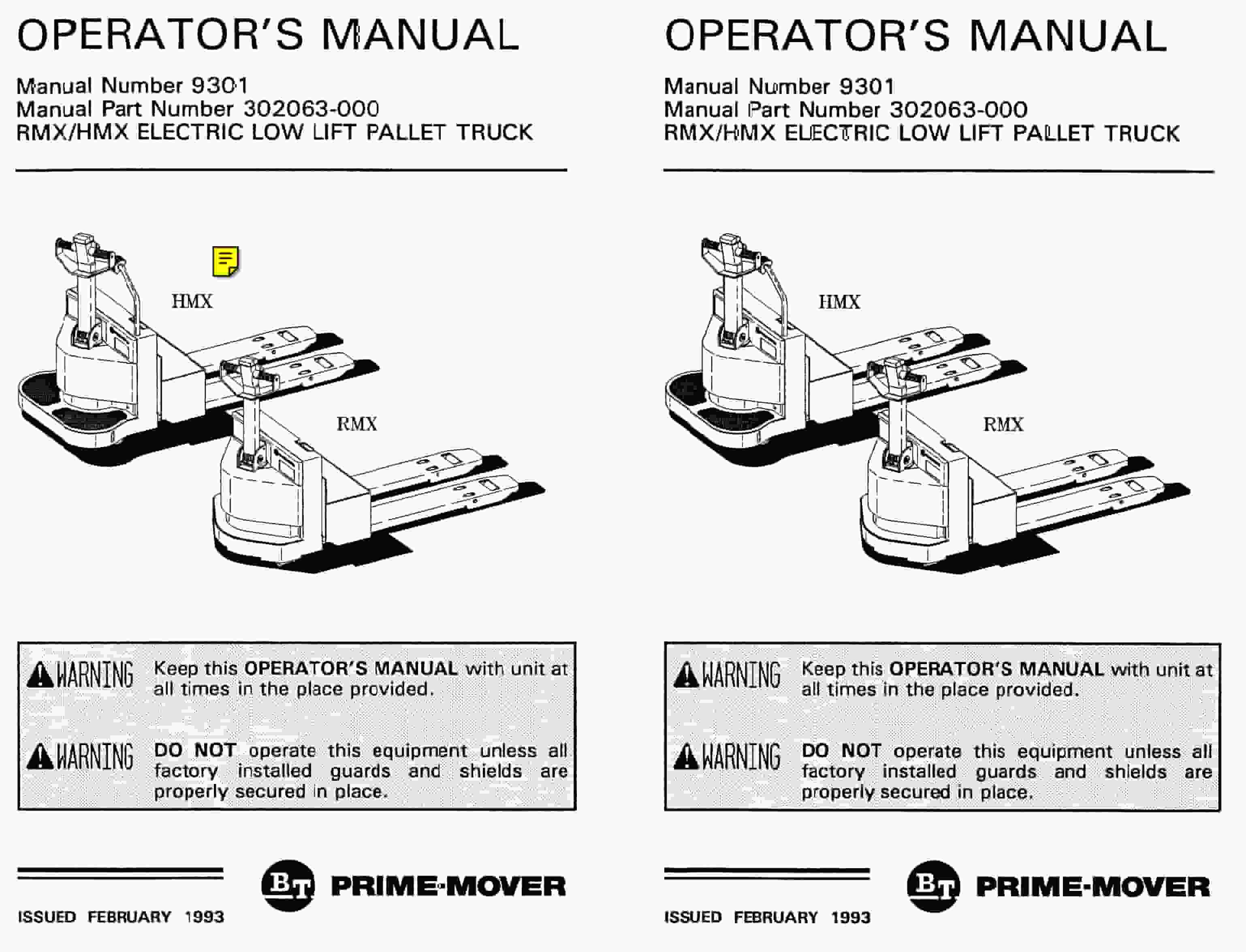 BT RMX, HMX Electric Low Lift Pallet Truck Operator Manual 9301 302063-000