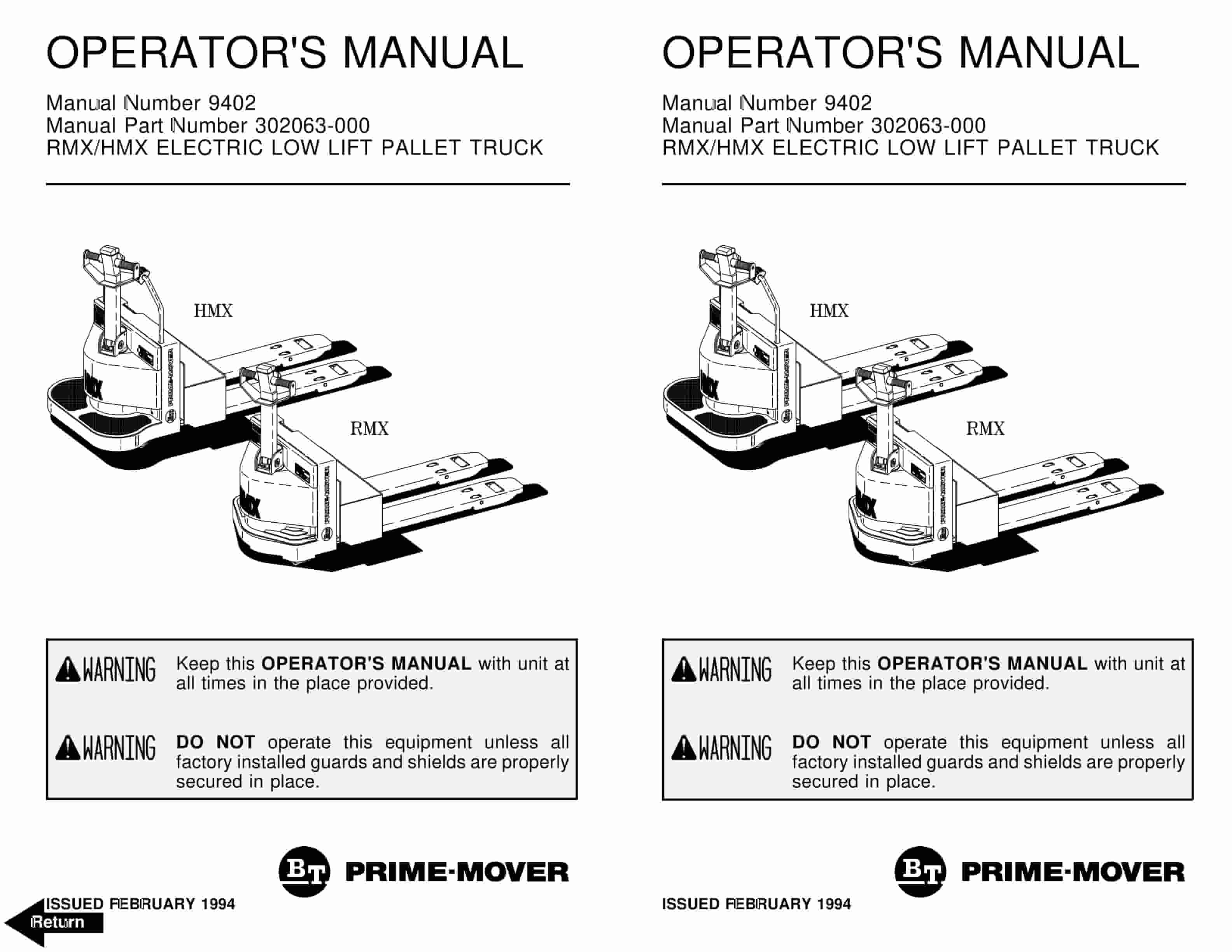 BT RMX, HMX Electric Low Lift Pallet Truck Operator Manual 9402 302063-000