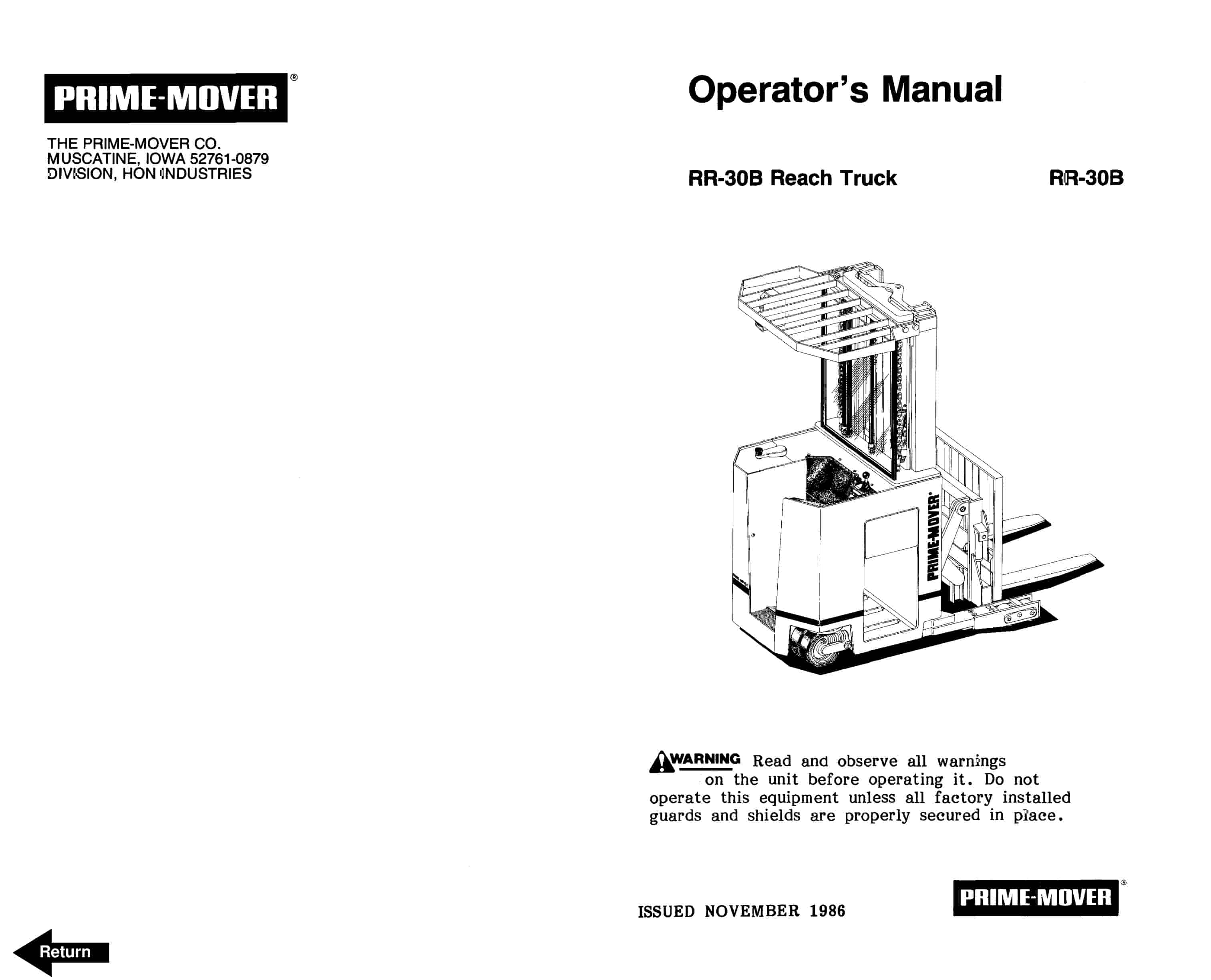 BT RR-30B Reach Truck Operator Manual 301075-001