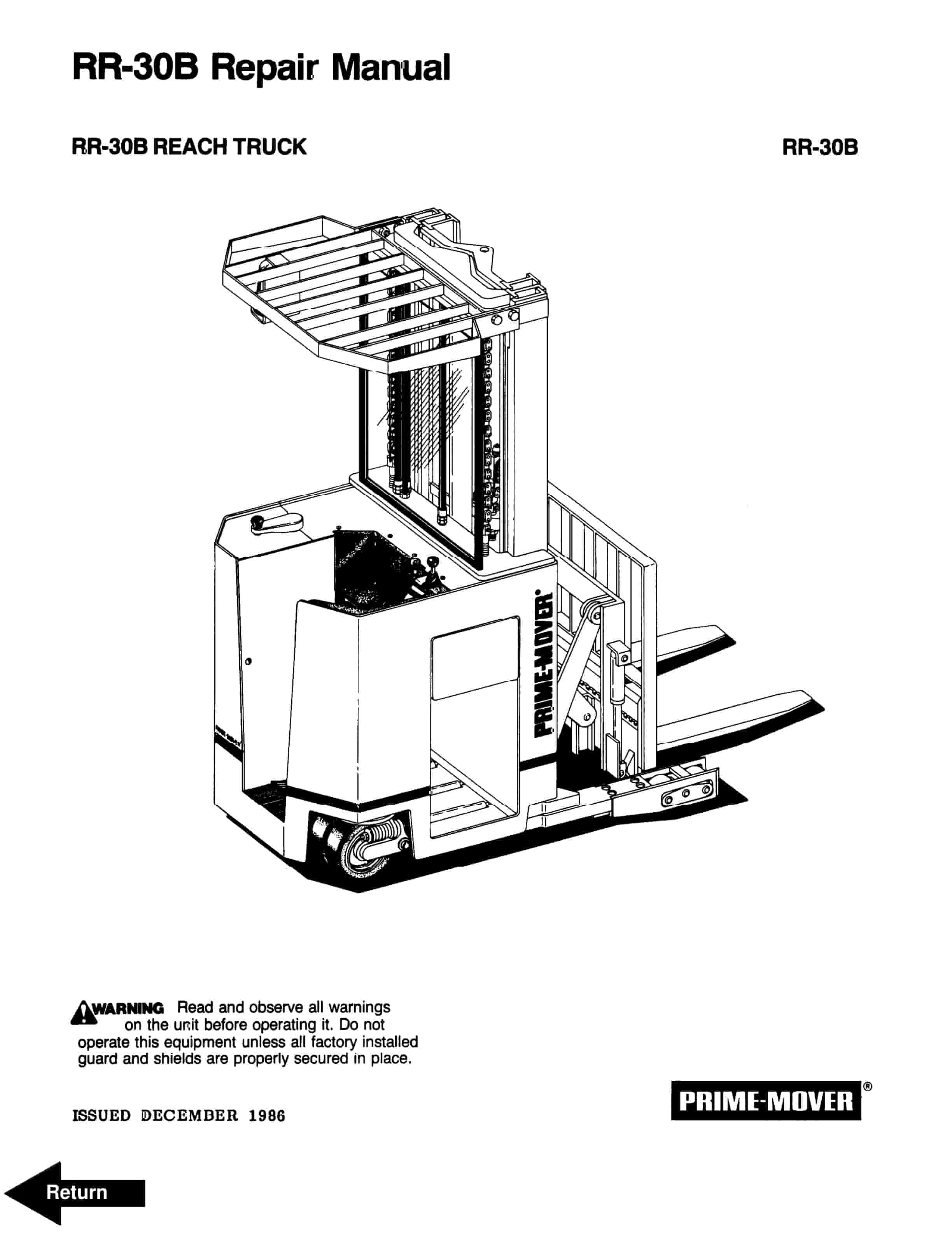 BT RR-30B Reach Truck Repair And Parts Manual 301077-000 1 BT RR-30B Reach Truck Repair And Parts Manual 301077-000