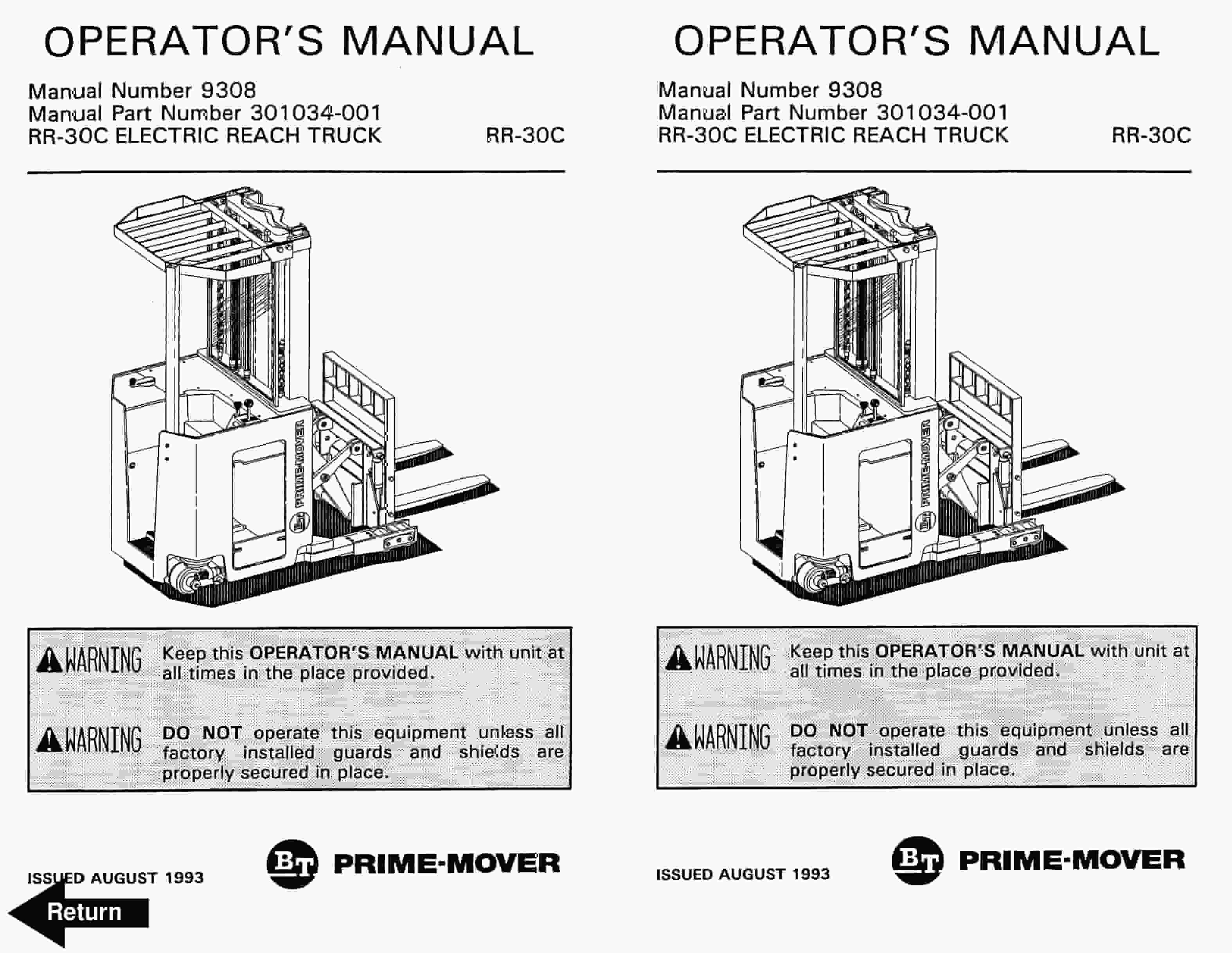 BT RR-30C Electric Reach Truck Operator Manual 301034-001