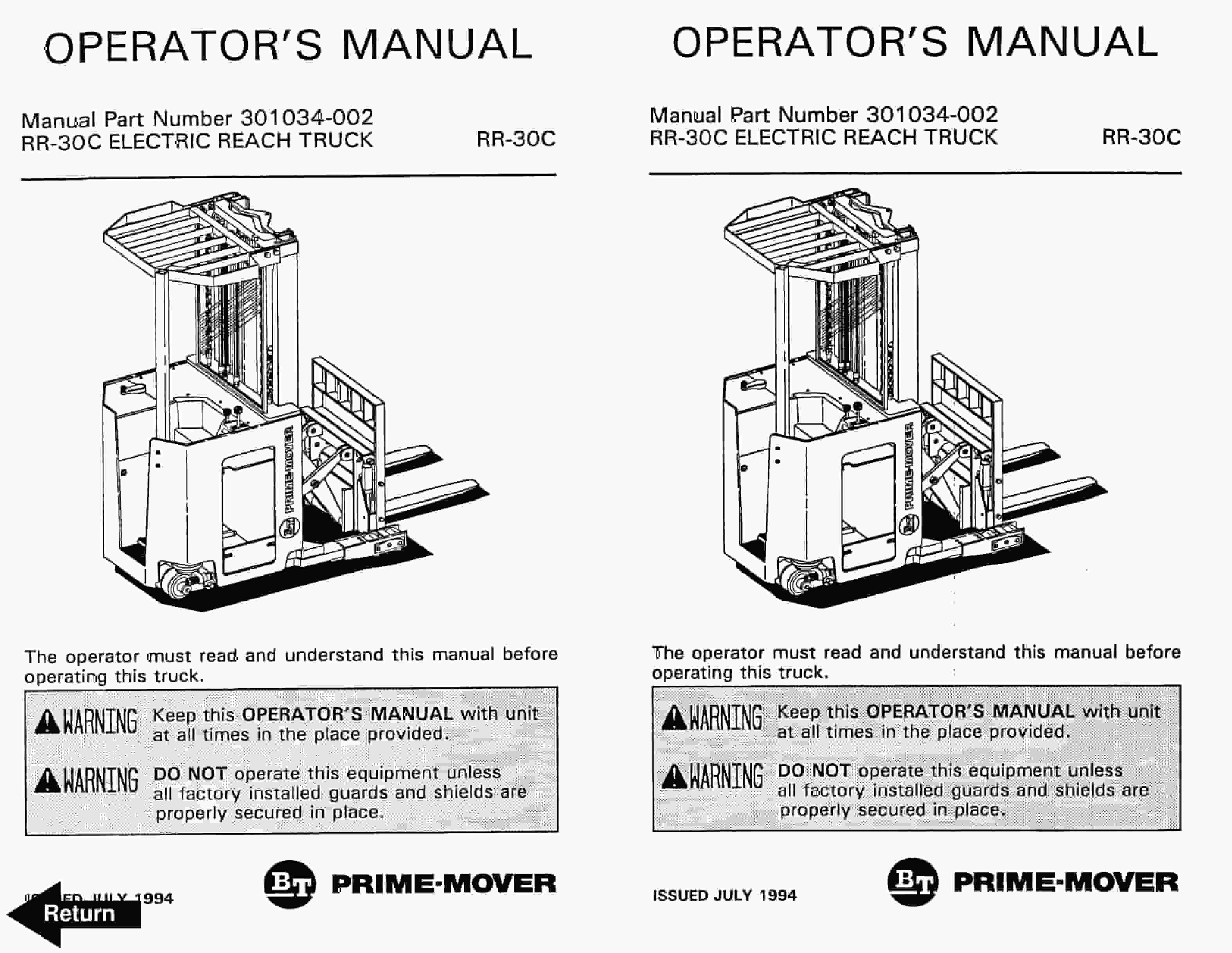 BT RR-30C Electric Reach Truck Operator Manual 301034-002