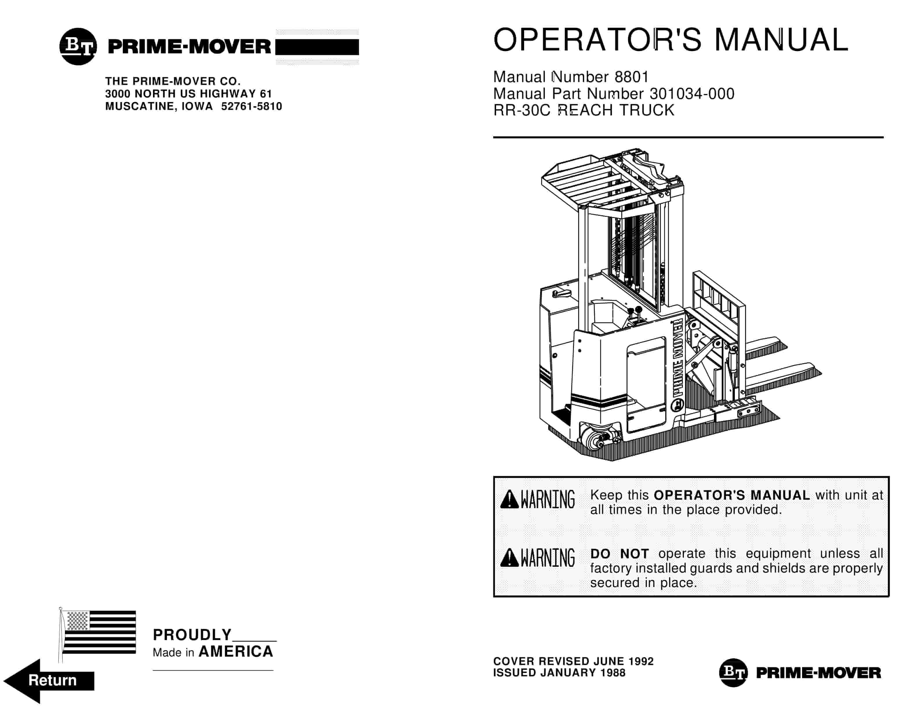 BT RR-30C Reach Truck Operator Manual 301034-000