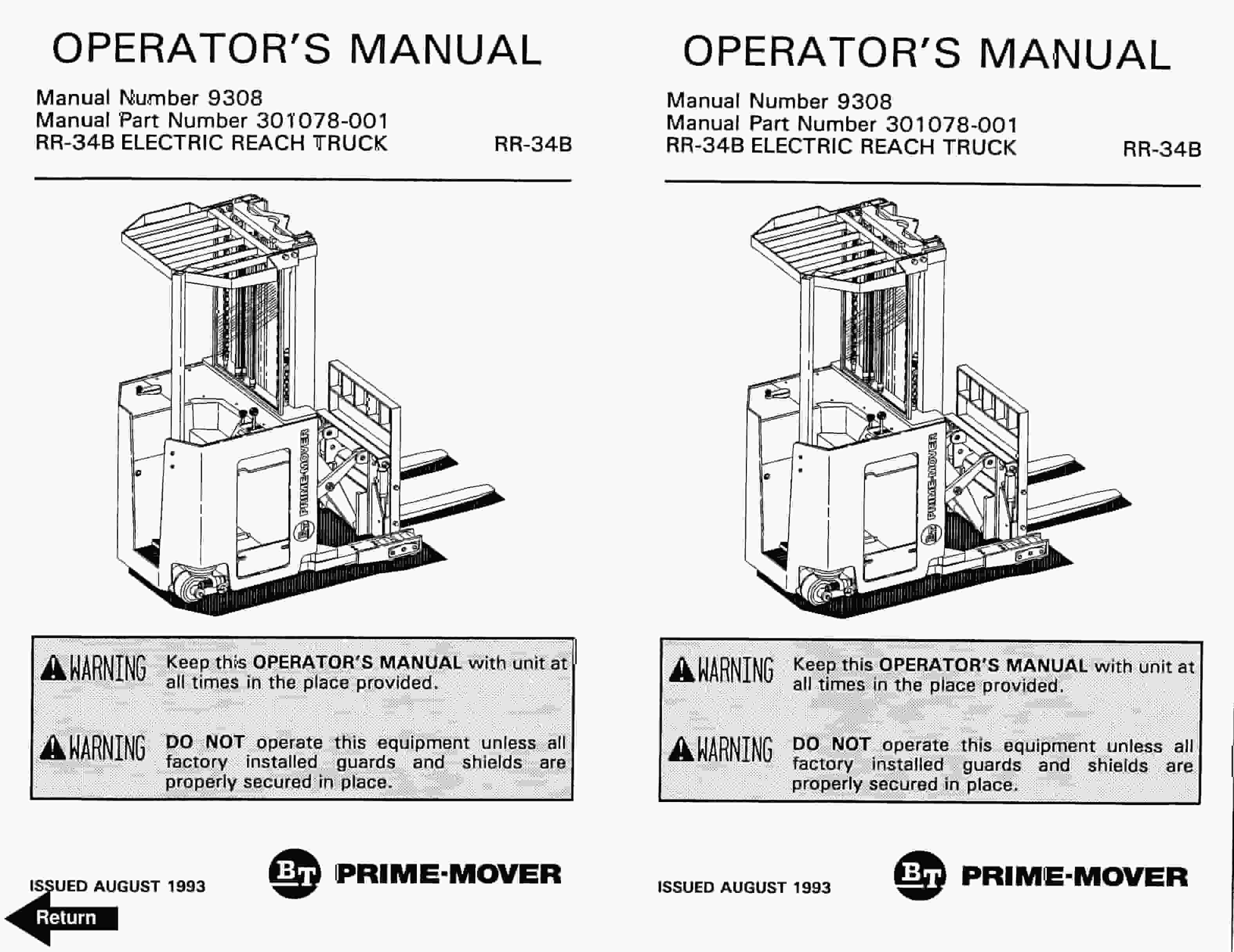 BT RR-34B Electric Reach Truck Operator Manual 301078-001