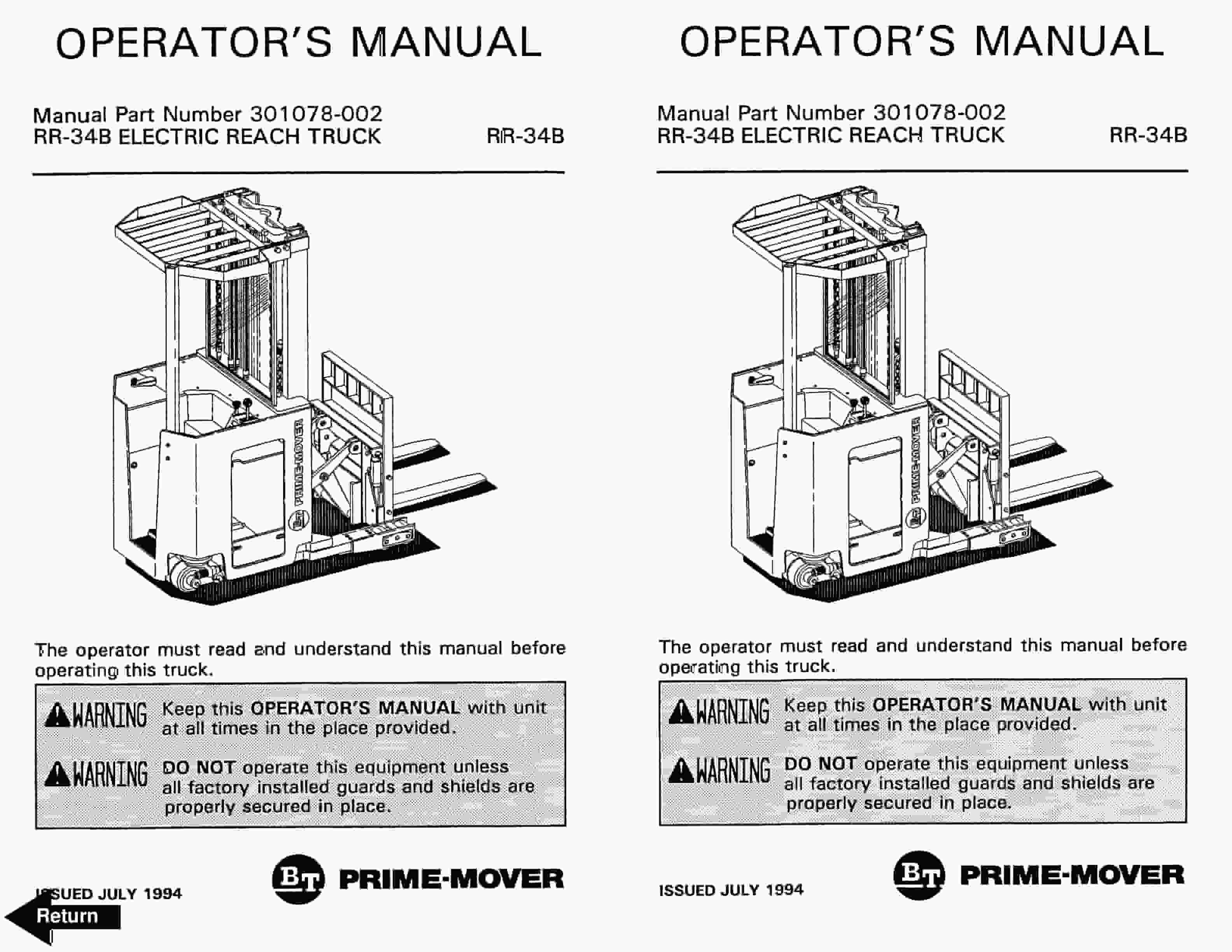 BT RR-34B Electric Reach Truck Operator Manual 301078-002