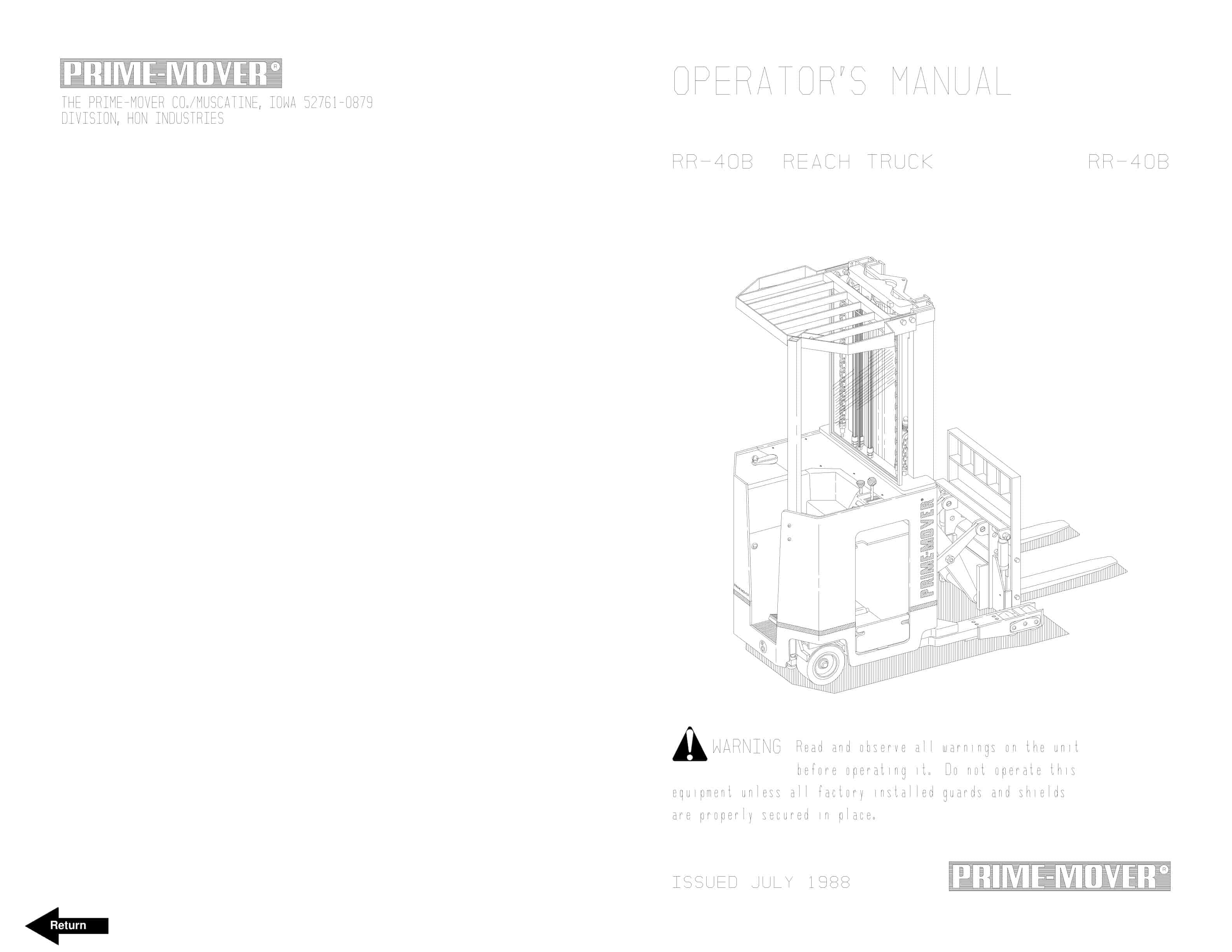 BT RR-40B Reach Truck Operator Manual 301037-000