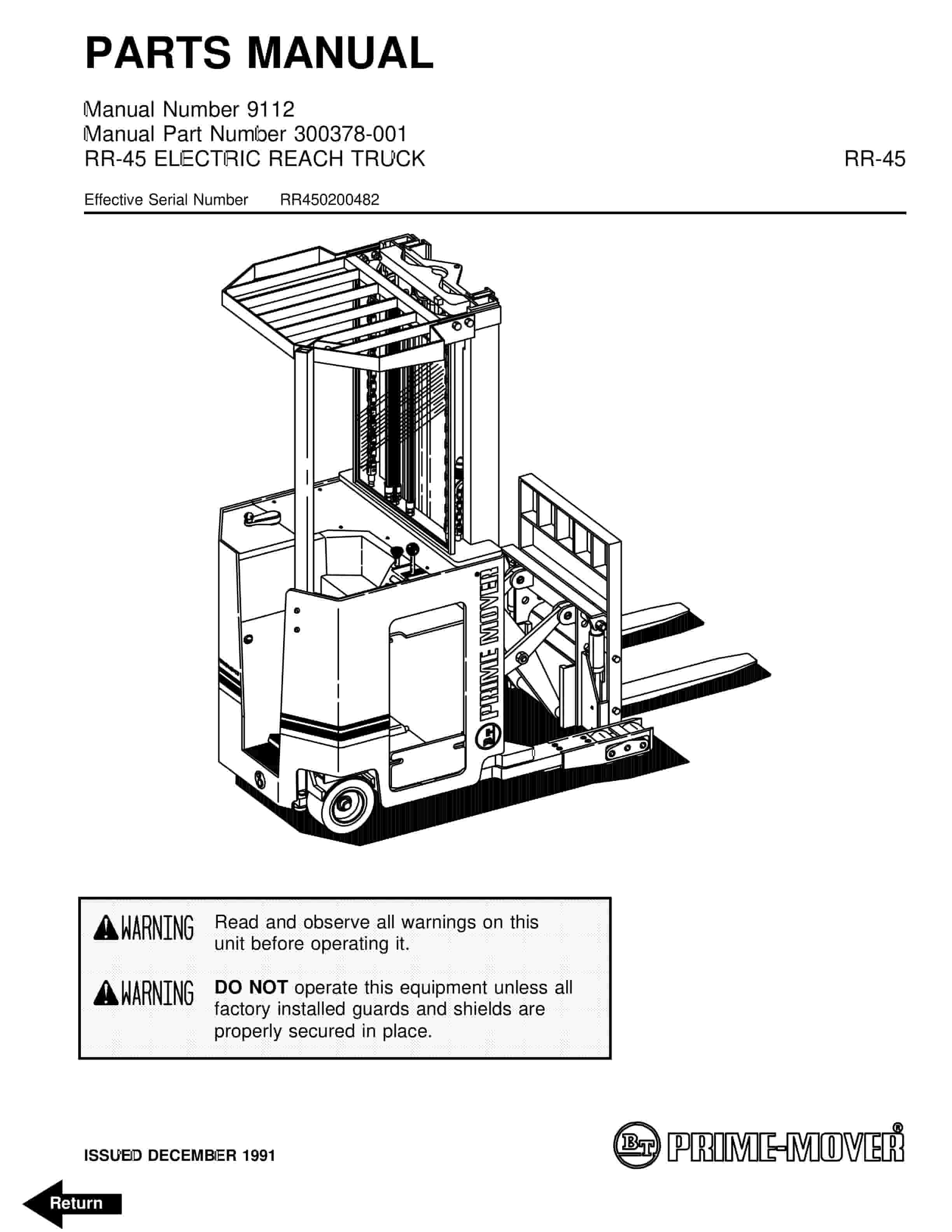 BT RR-45 Electric Reach Truck Parts Manual 300378-001 1 BT RR-45 Electric Reach Truck Parts Manual 300378-001