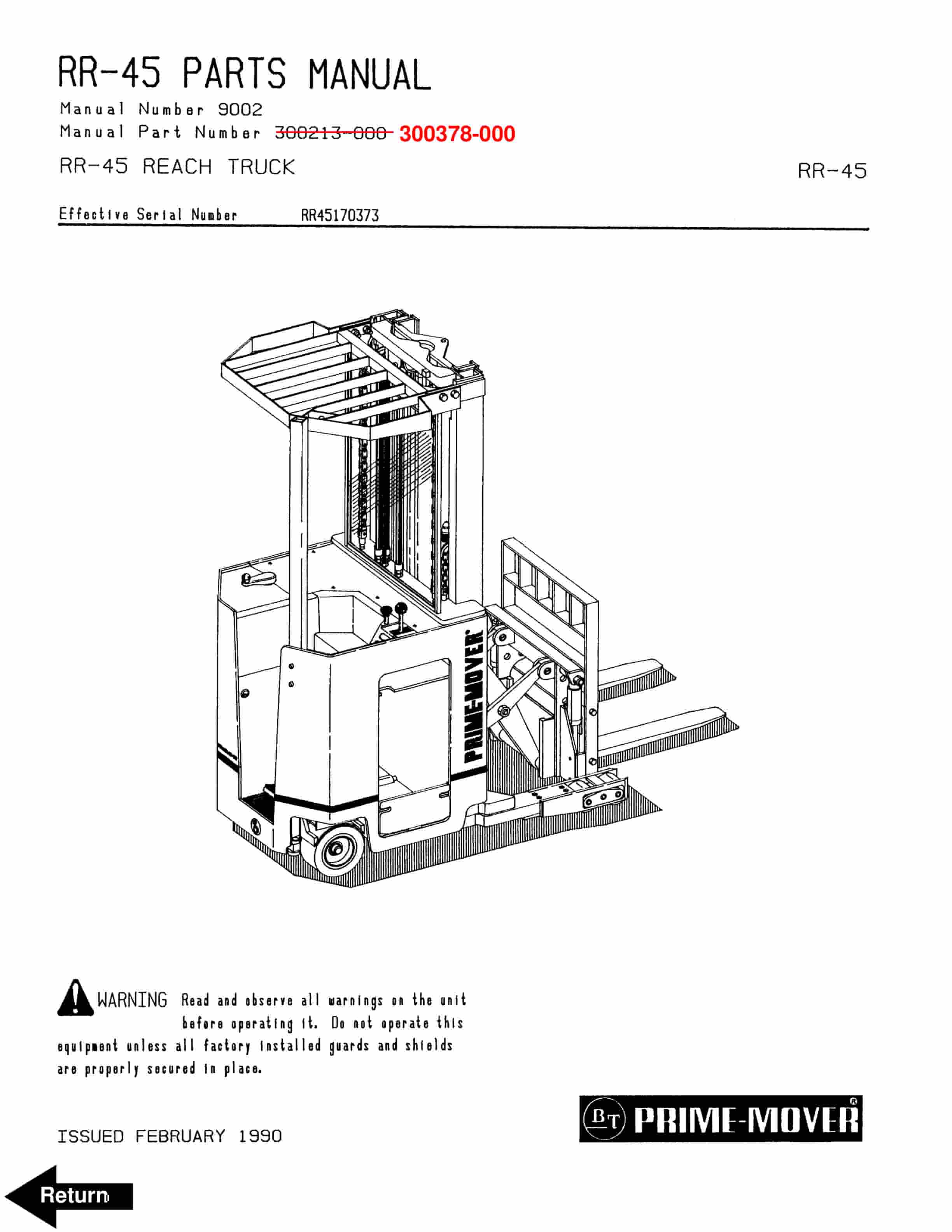 BT RR-45 Reach Truck Parts Manual 300378-000 1 BT RR-45 Reach Truck Parts Manual 300378-000