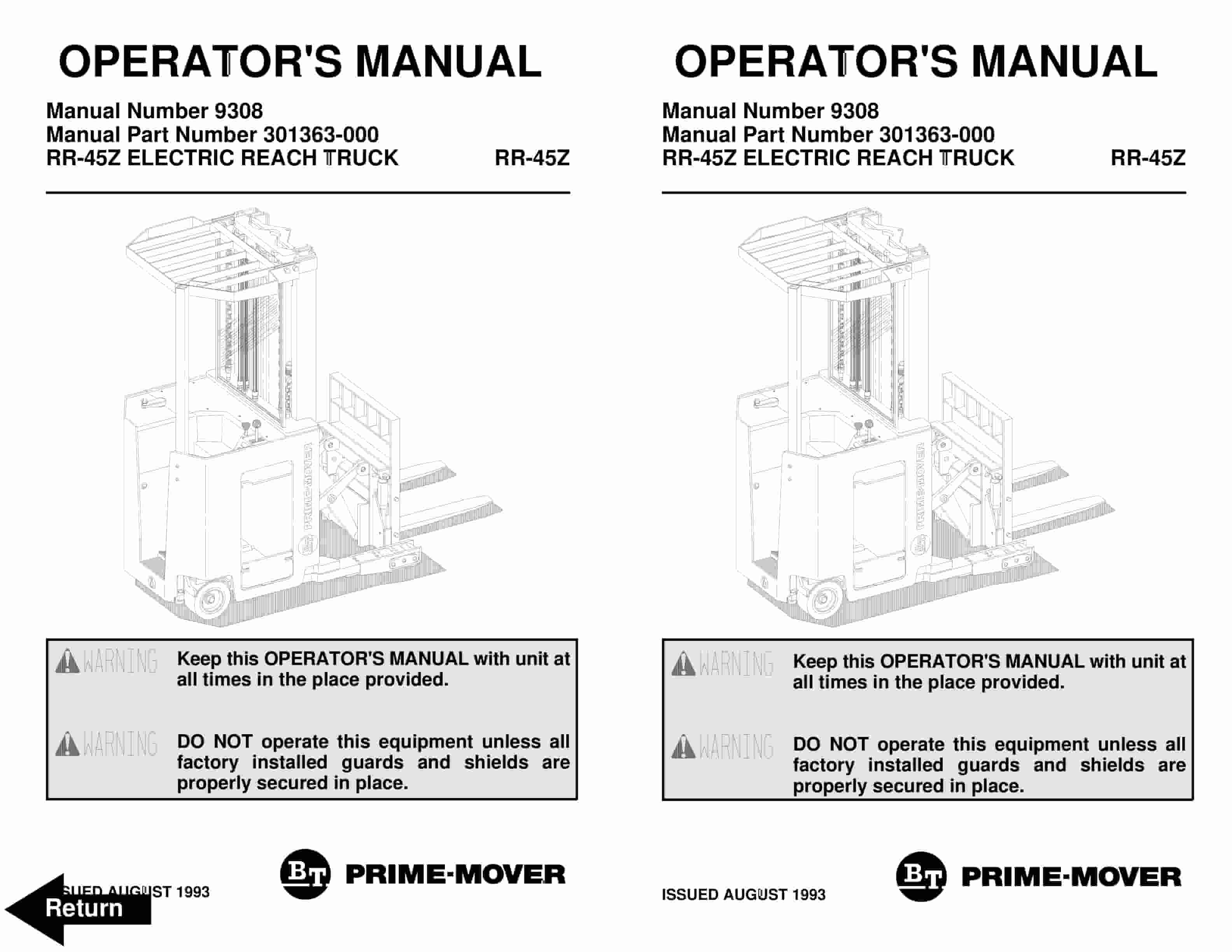 BT RR-45, RR-45Z Electric Reach Truck Operator Manual 301363-000