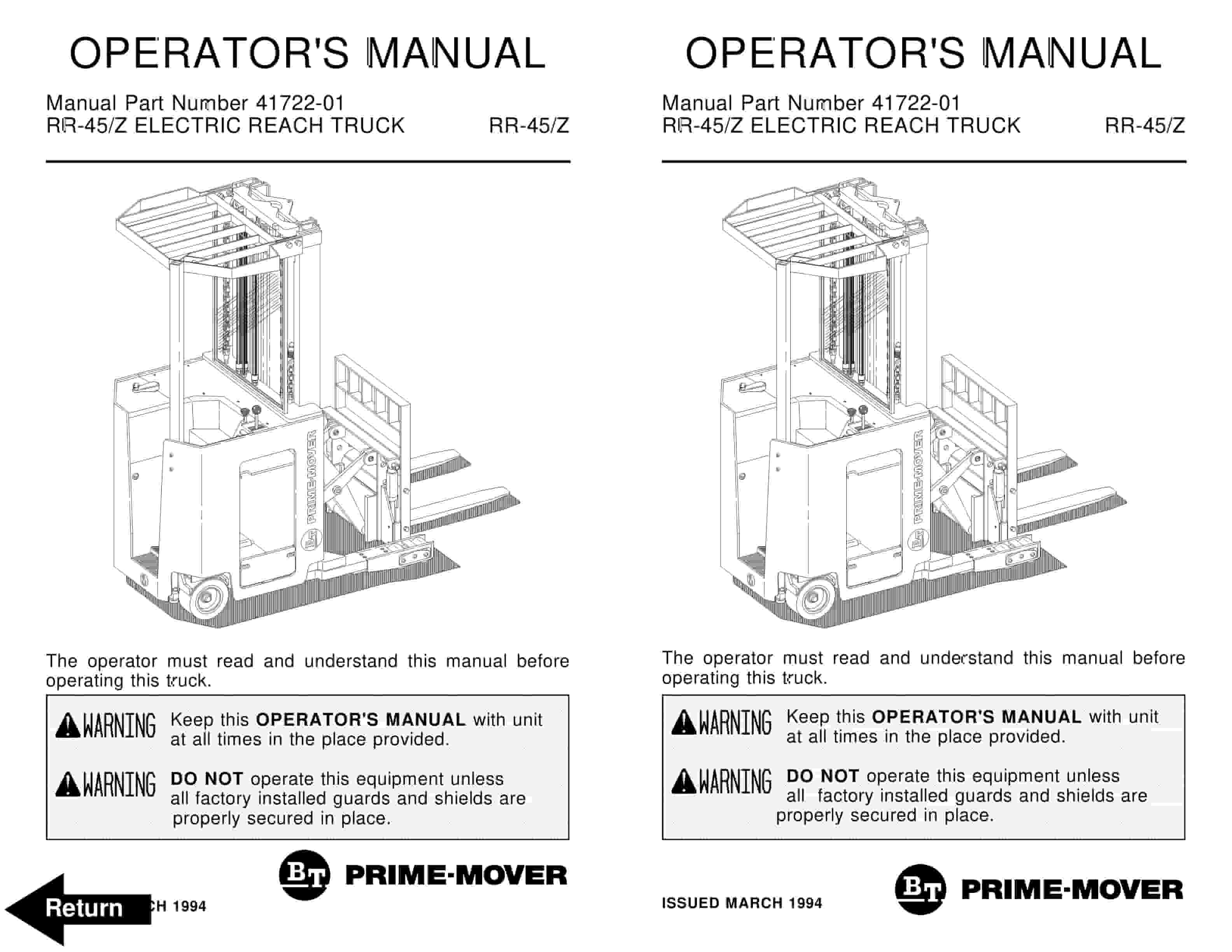 BT RR-45, RR-45Z Electric Reach Truck Operator Manual 41722-01