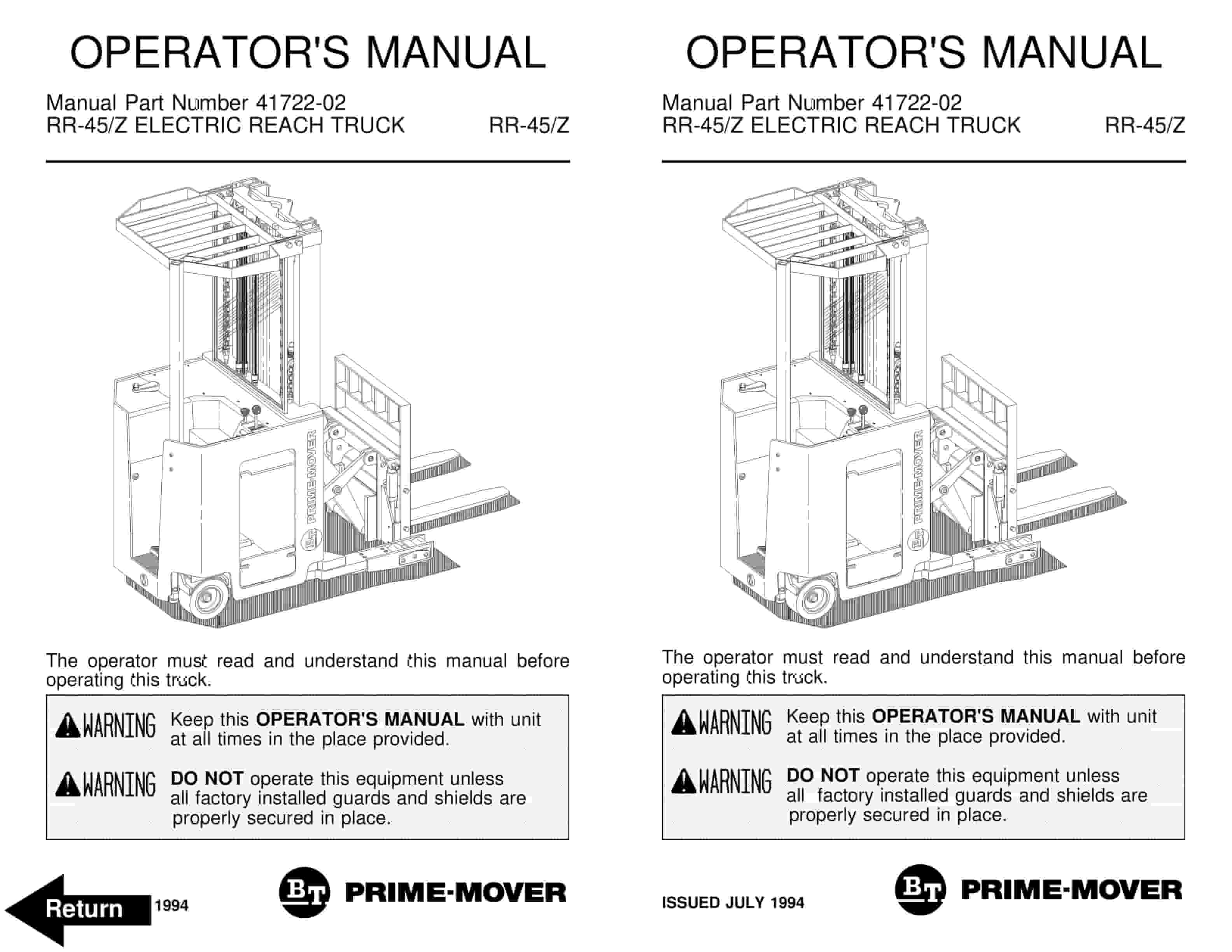 BT RR-45, RR-45Z Electric Reach Truck Operator Manual 41722-02