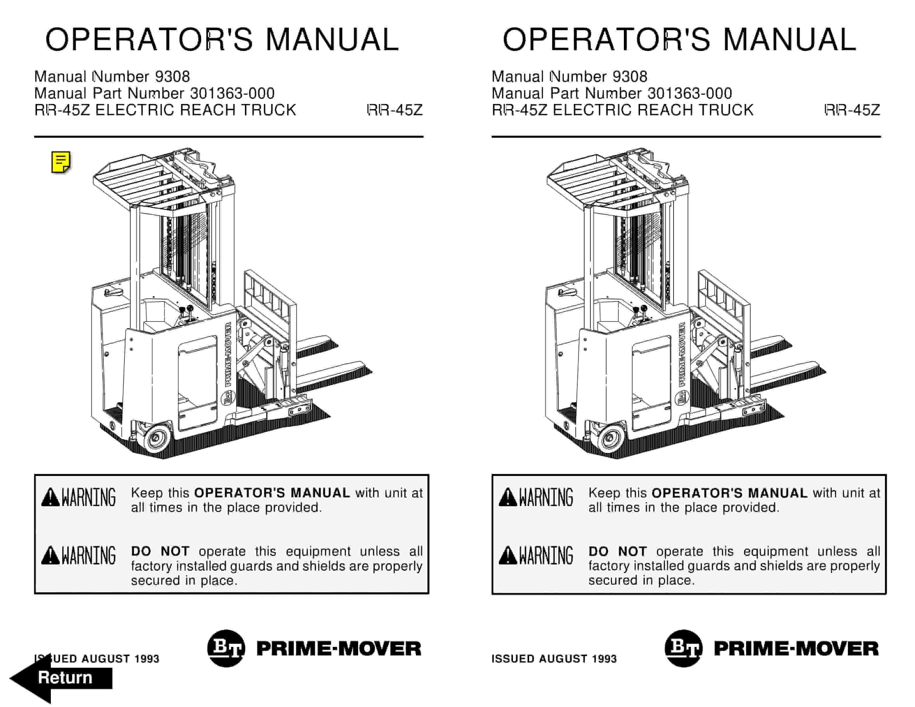BT RR-45Z Electric Reach Truck Operator Manual 301363-000