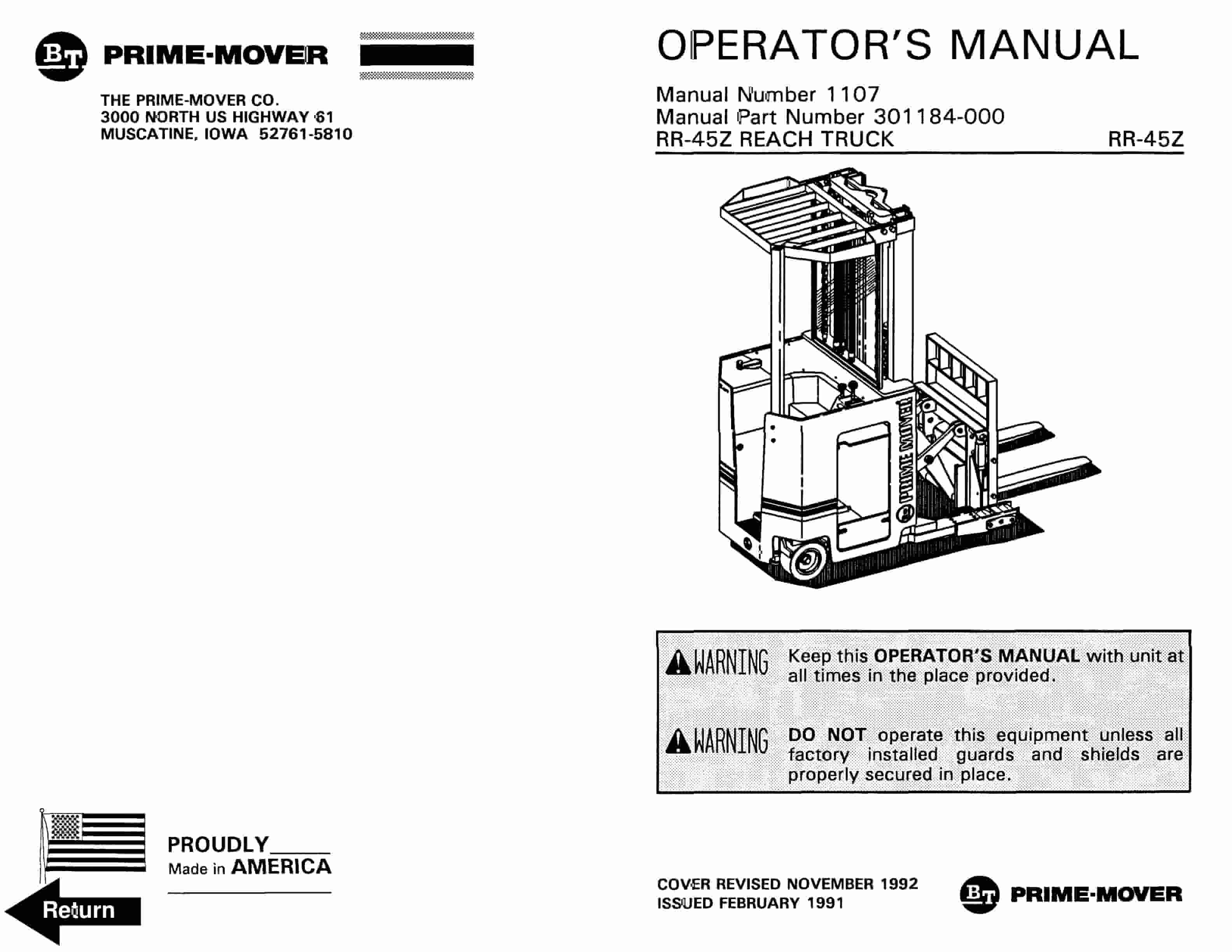 BT RR-45Z Reach Truck Operator Manual 301184-000